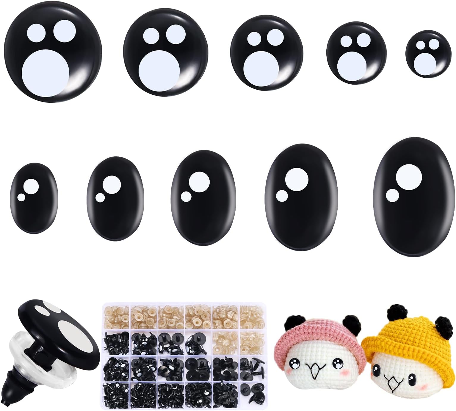 Ecavria [400PCS] Safety Eyes for Amigurumi, 8-16mm Black Crochet Eyes with Washers, Oval &Round Craft Eyes, Kawaii Doll Eyes for Crochet Toys Stuffed Animals