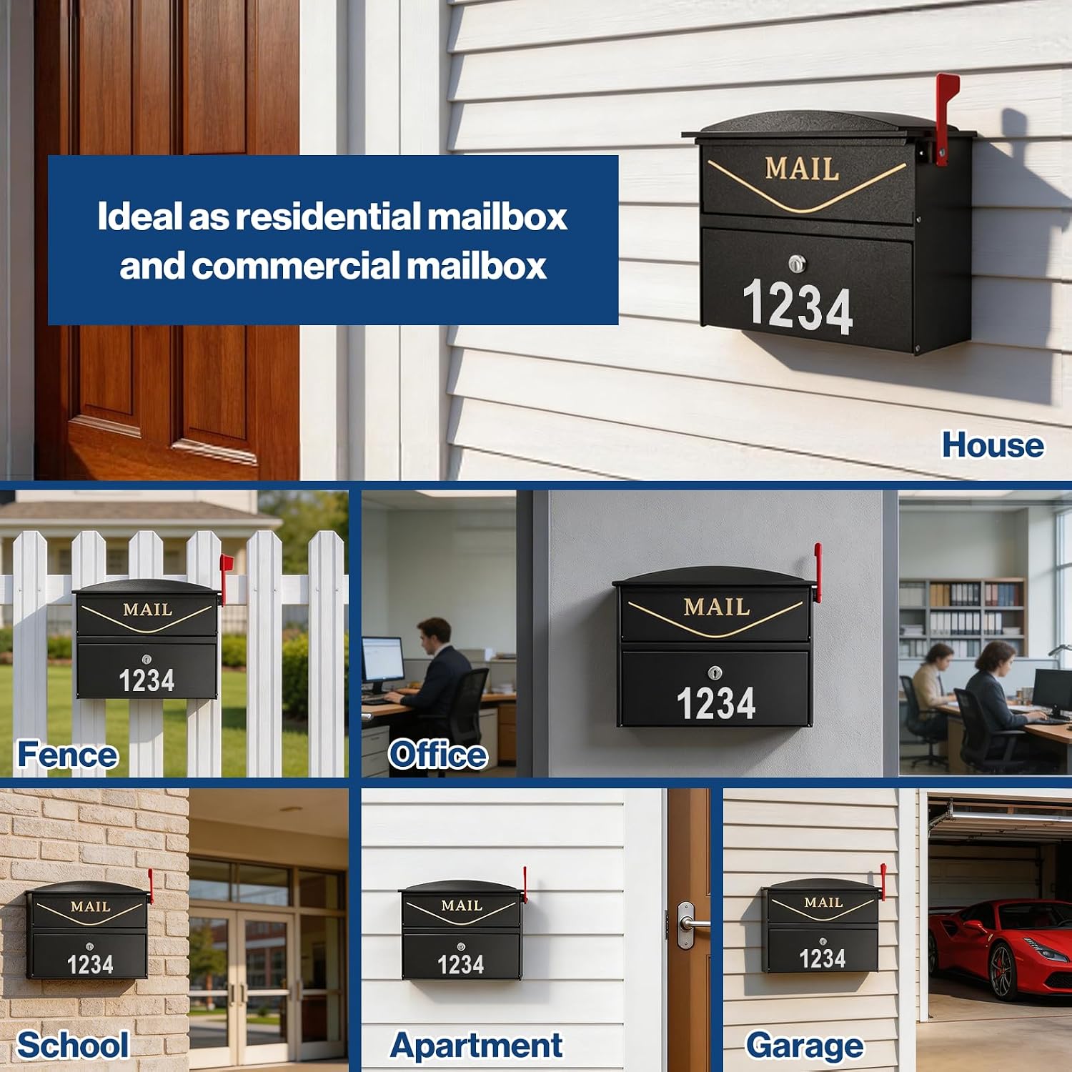 POCHAR Wall Mount Mailbox for Outside – Rainproof Locking Mailbox with Outgoing Mail Flag - Outdoor Security Mail Box for House Office Apartment - Dropbox for Residential & Commercial Use, Black