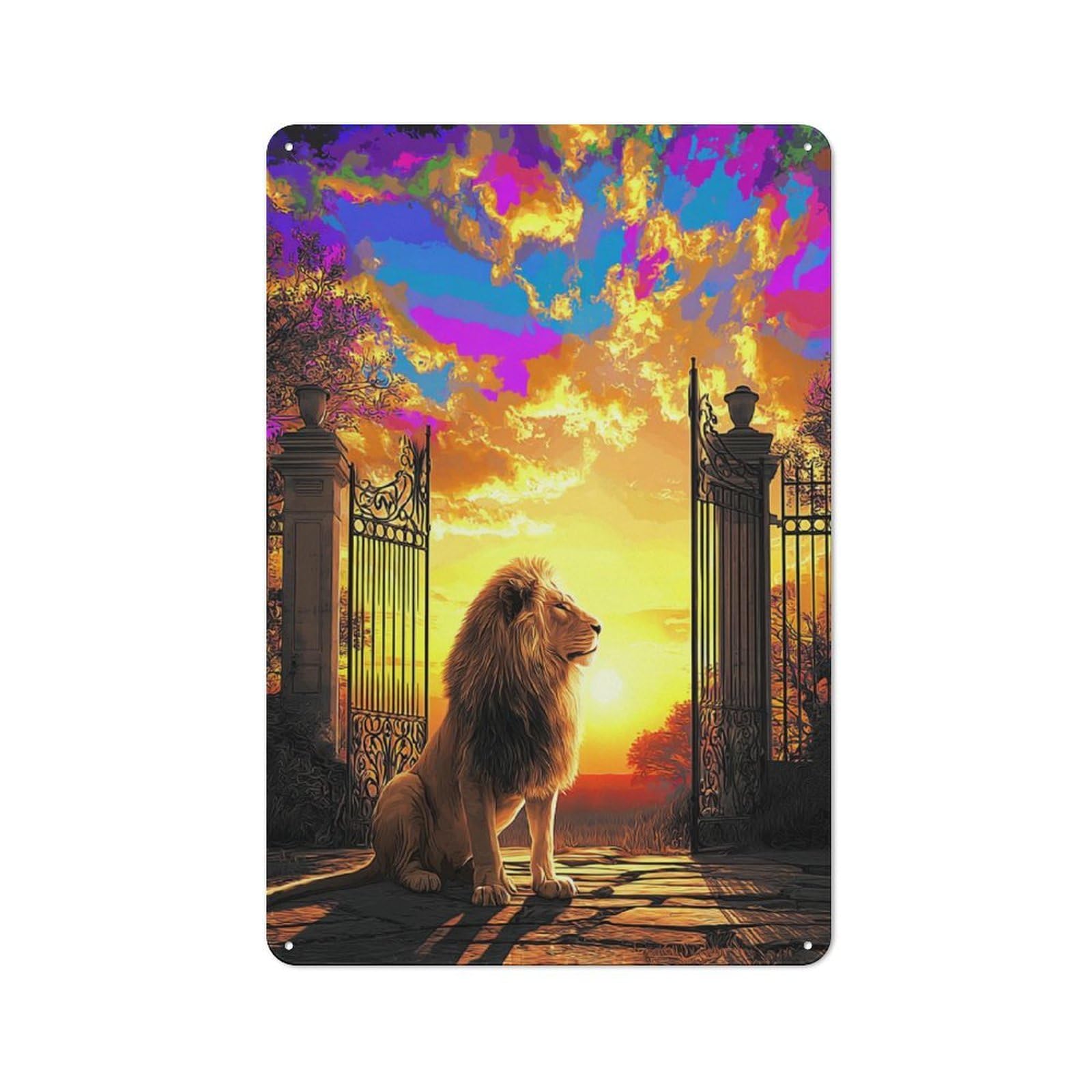 Junmoney Lion Guarding The Gateway At Sunset Metal Sign 30X20cm With For Workshop Wall, Retro Decor, For Garage, Workshop And Man Cave Decoration