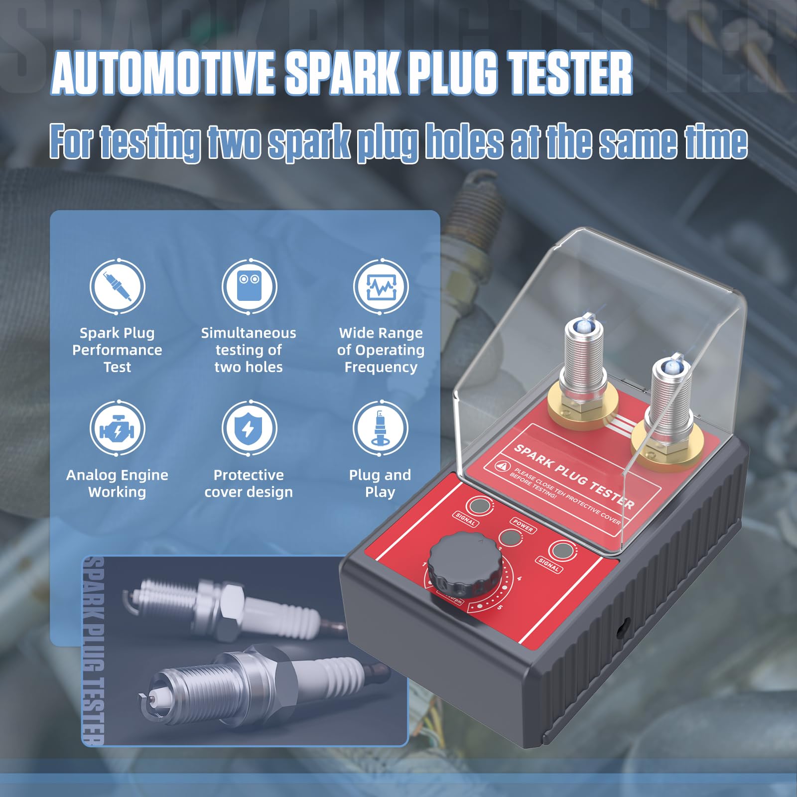 Tester per Candele Automobilistiche a Doppio Foro, BELEY Strumento Tester per Bobine di Accensione a Frequenza Regolabile 0-6000 giri/minuto & Coperchio Protettivo, per Auto e Moto a 12 V (Rosso)