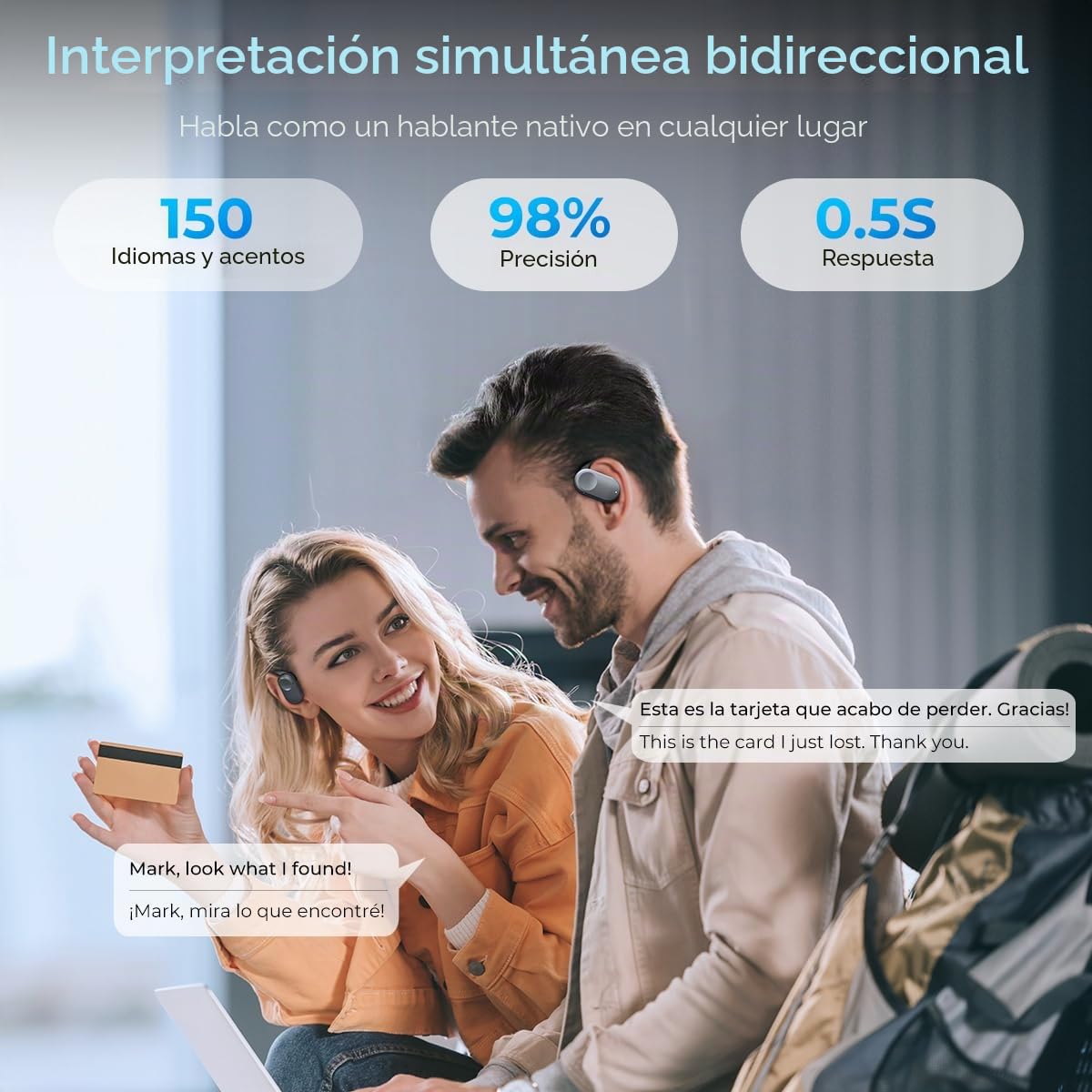kentfaith AI Auriculares Traductores Instantáneos en Tiempo Real, 150 Idiomas, 30H Batería, Bluetooth 5.3 Diseño Abierto Cómodo, Traductor Bidireccional para Viajes/Negocios/Estudio - Negro