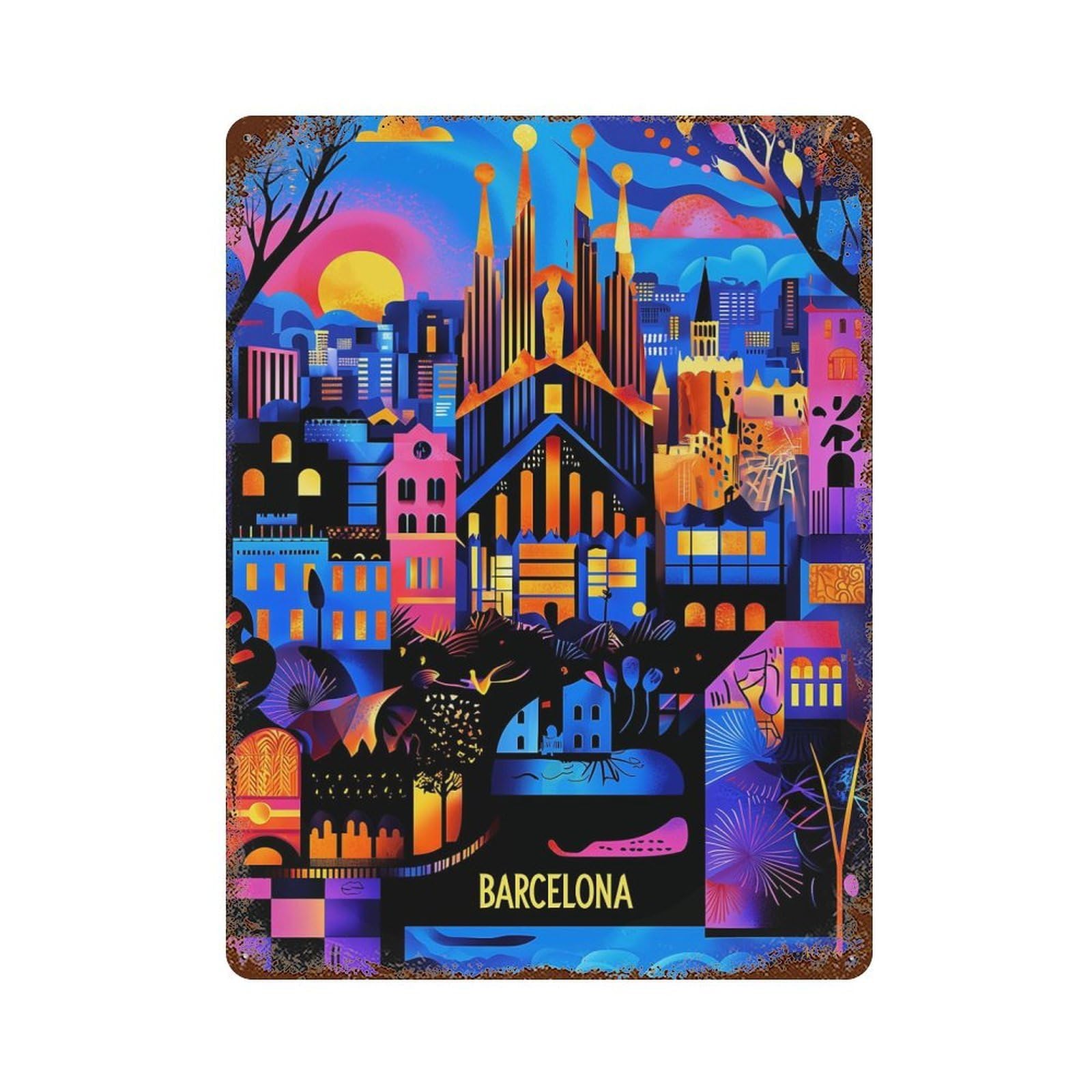 Barcelona Colorful Urban Mosaic Illustration Rusty Metal Tin Sign 15.7"x11.8", Ideal for Pub, Kitchen And Man Cave Decor