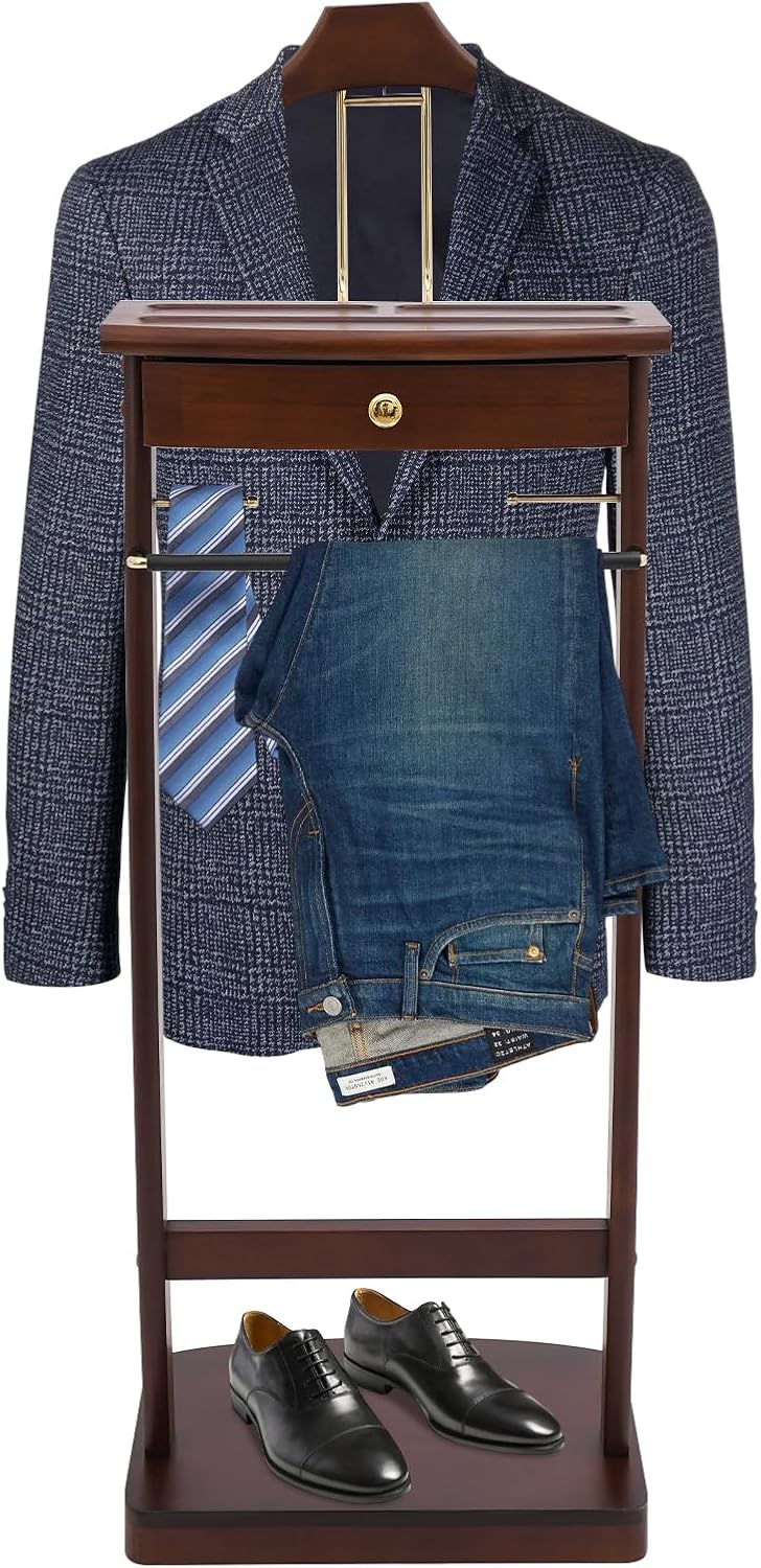 Suit Valet Stand for Man & Women, Wood Suit Rack with Drawer, Clothes Valet Stand for Entryway Office Living Room, Walnut Color