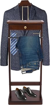 Suit Valet Stand for Men, Wooden Clothes Valet Stand with Drawer and Base, Freestanding Clothes Rack for Home, Office, Hotel, Upscale Clubs
