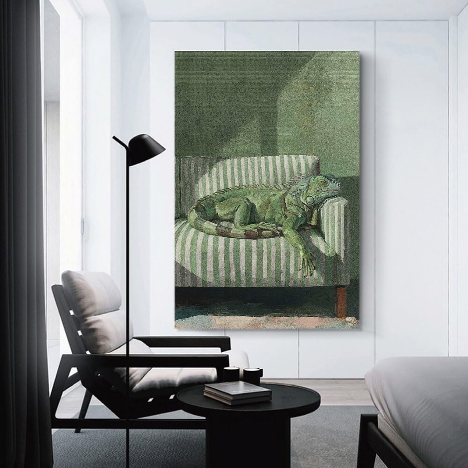 Junmoney Iguana Resting on Striped Couch Wall Picture Print 20x30inch(50x75cm), for Entryway, Lounge Links Or Small Walls, Decorative Wall Art for Narrow Spaces