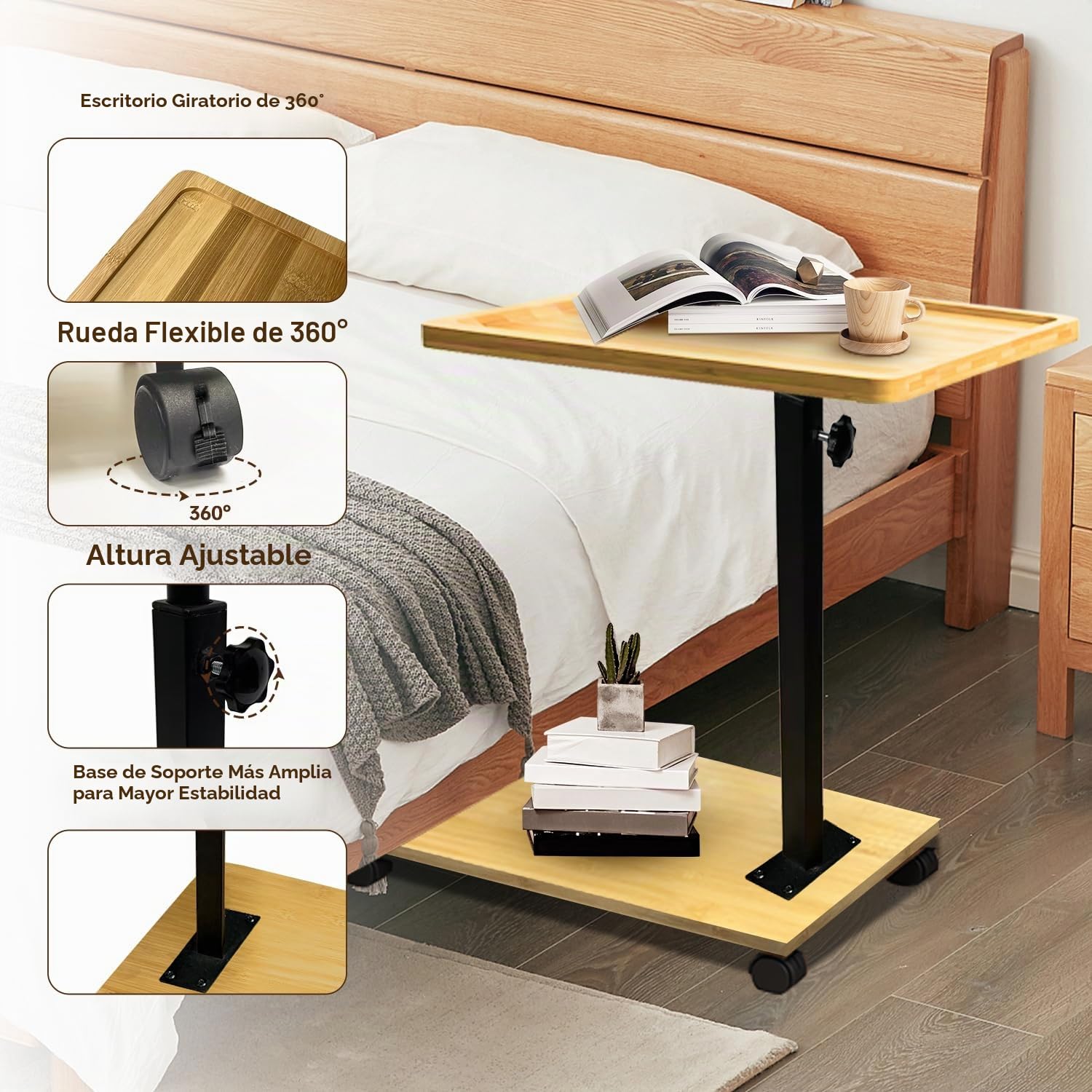 Mesa Auxiliar Forma C Bambú Metal Moderna Altura Ajustable con Ruedas, Side Table, Mesa Auxiliar de Cama, Mesa de Sofá, Mesilla de Noche, Mesa de Cuidado, para Salón Dormitorio Baño
