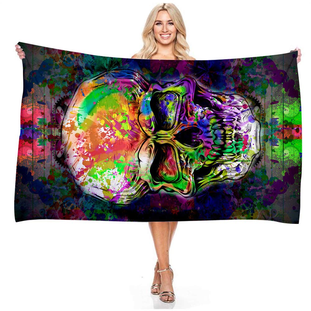 Treer F Microfiber Beach Towel Large Oversized, Colorful Skull 3D Printing Lightweight Soft Absorbable Travel Towels Sports Bath Washcloth Or Bedroom Swim Pool Yoga Travelling (150X180cm,)