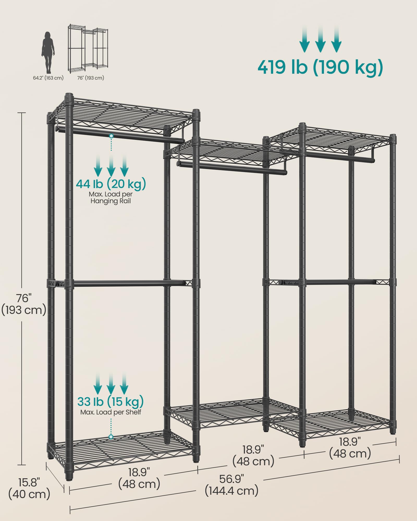 SONGMICS Appendiabiti resistente, portatile, larghezza 140 cm, con ripiani in rete regolabili e aste appendiabiti, nero inchiostro ULGR432B01