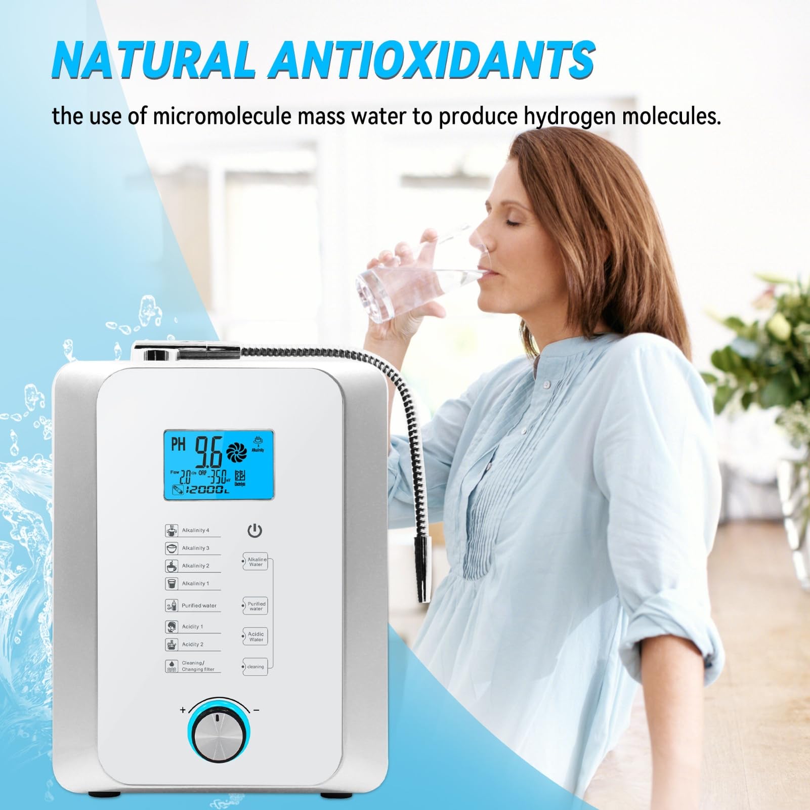 Ionizador de Agua alcalina para el hogar, Máquina de Agua Rica en hidrógeno, Purificador de Agua ácida pH 2,8–11, Filtro de Agua hasta -800 mV ORP, 10000 litros por Filtro Black
