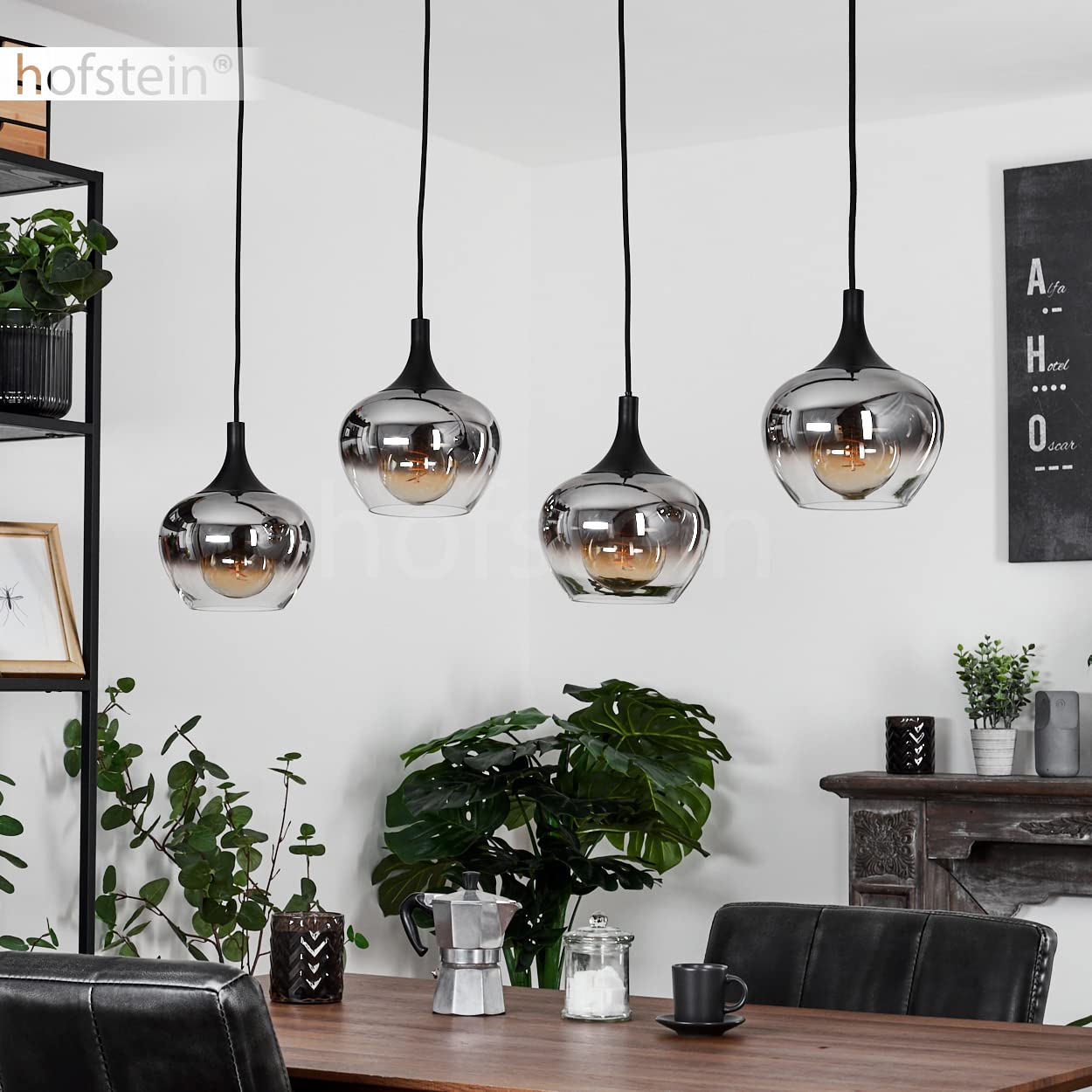 HOFSTEIN Hängeleuchte Azurara, 4-flammige Hängelampe aus Metall/Glas in Schwarz/Rauchfarben/Klar, Pendelleuchte im Vintage-Design, Ø Schirme 19,5 cm, max. 121 cm, E27, Esszimmer, Küche, Wohnzimmer