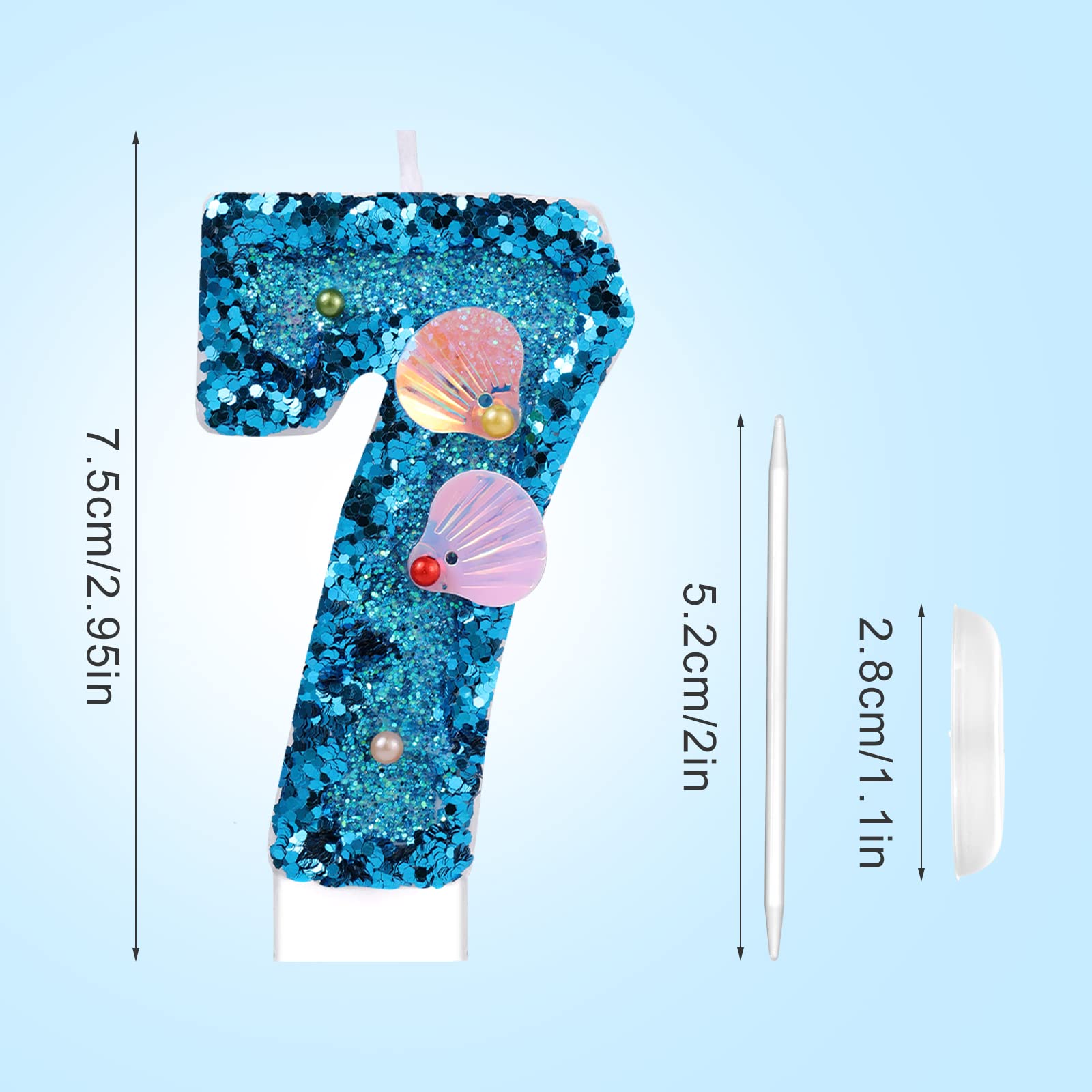 7,5cm Candele di Compleanno con Numeri, Blu Candele Numero Paillettes Conchiglia Numeri Candele Grandi Glitter Candele Numeri Torta Topper per Compleanno Anniversario Festa a Tema Sirena (0