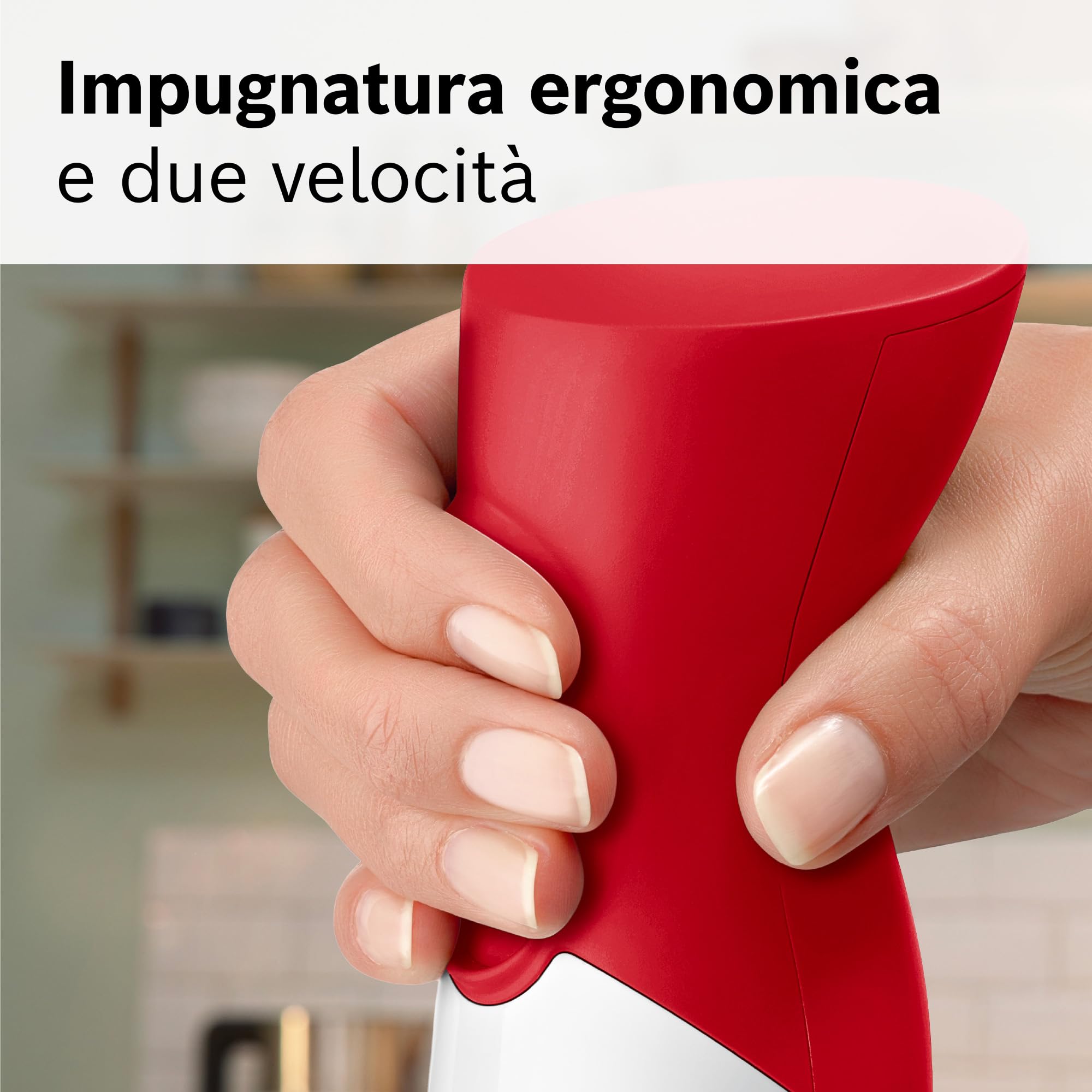 Bosch Frullatore a Immersione MSM64010, 450 W, Impugnatura Ergonomica, Lama a 4 Ali Anti Schizzi, 2 Livelli di Velocità, Bicchiere Graduato Incluso, Bianco, Rosso