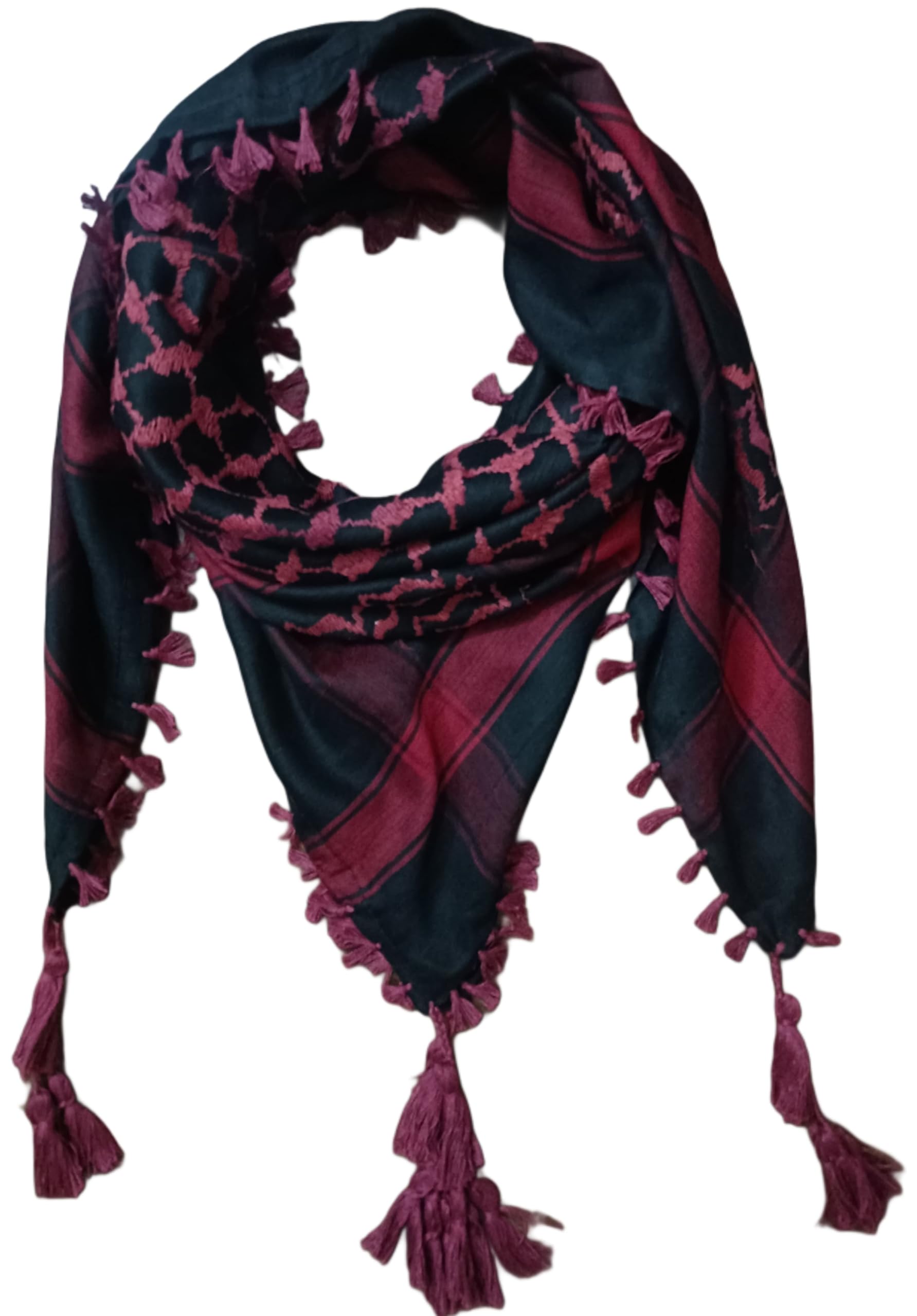 Arabic Scarf with Tassel Fringe, Black and Burgundy Checkered Pattern Shemagh, Traditional Middle Eastern Square Scarf-image-47