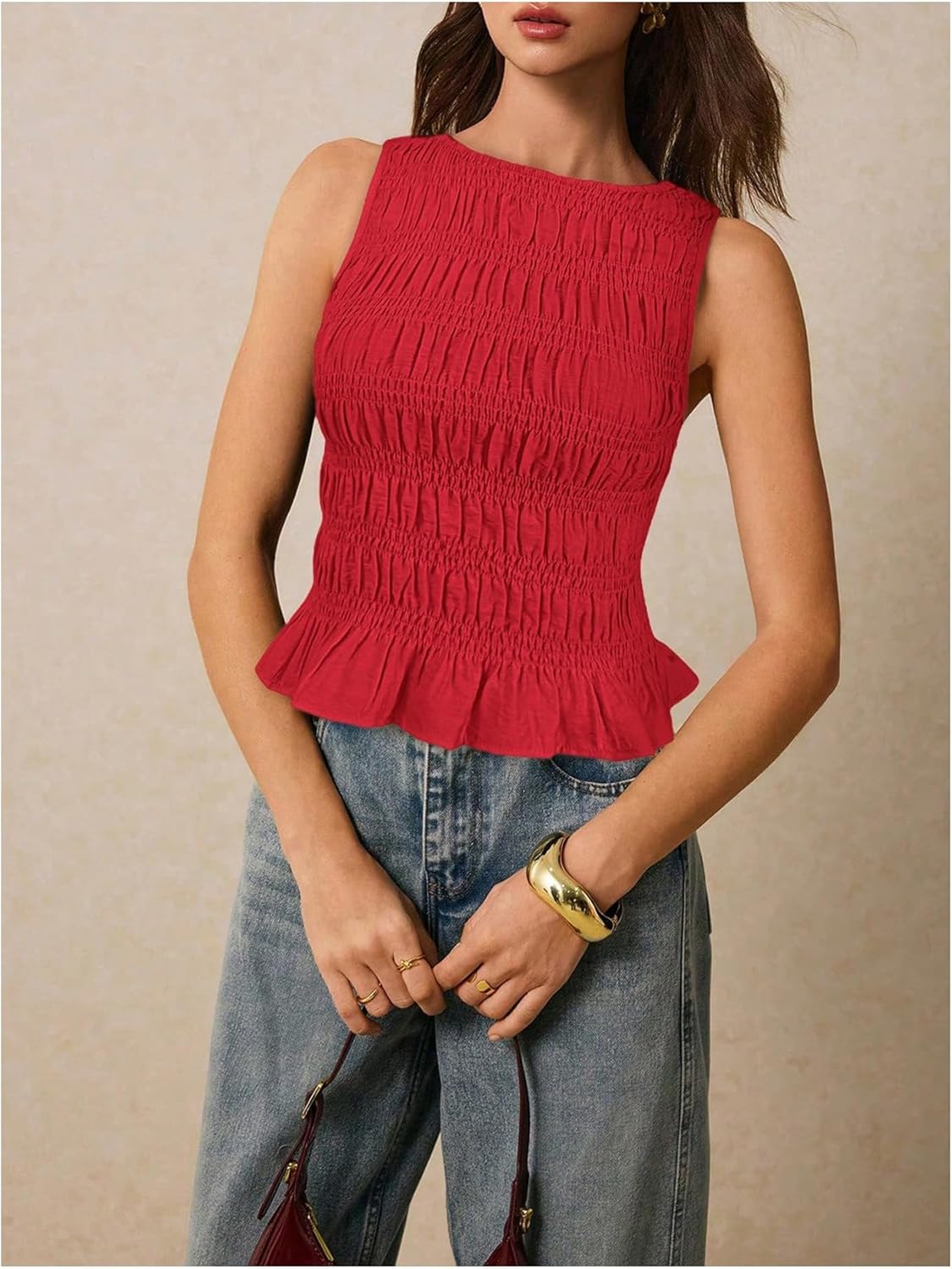 Milumia Women's Sleeveless Crewneck Frill Smocked Ruffle Crop Top Shirred Tank Top Shirt - Image 4