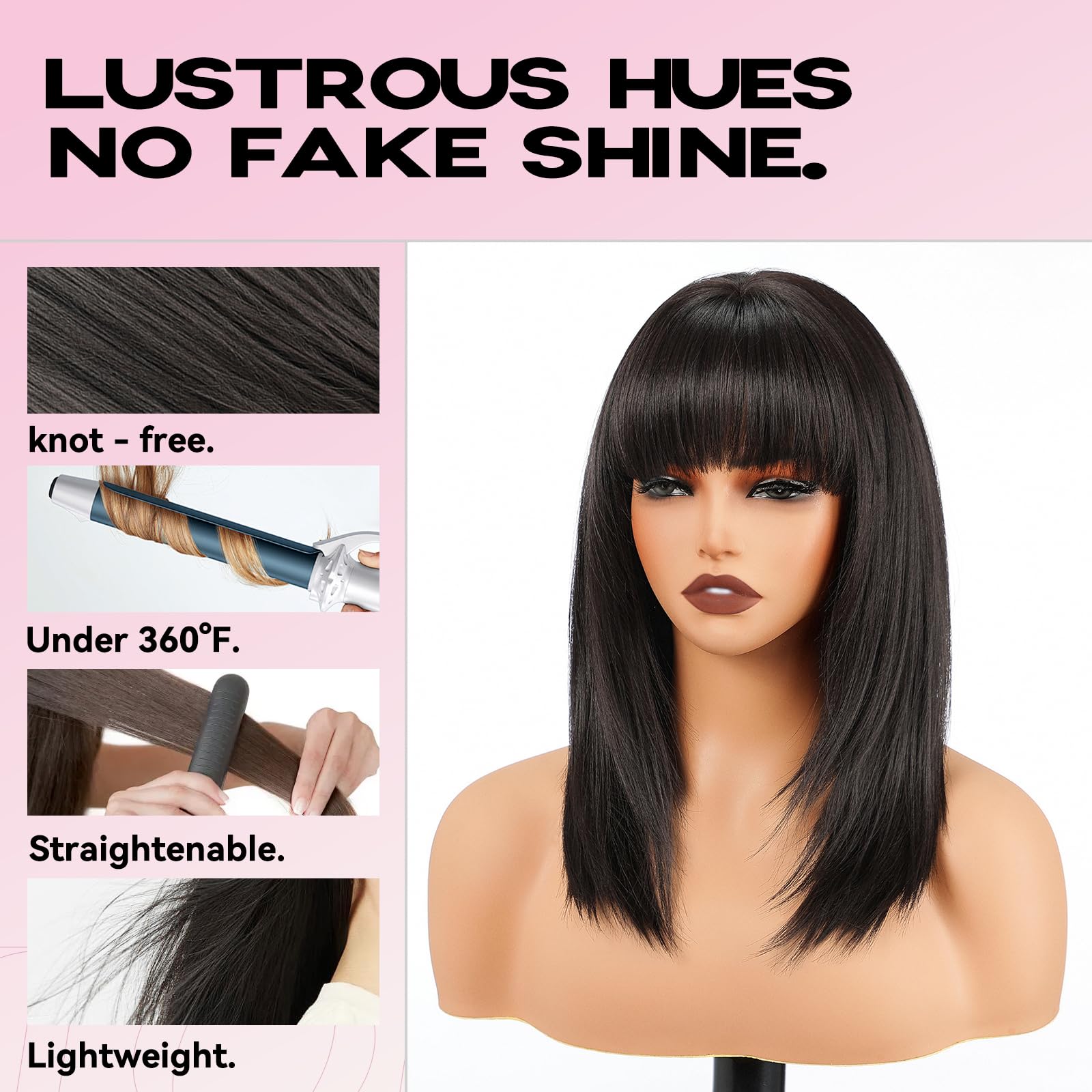 Amazon.com : topshe Natural Black Wig with Bangs Straight  display picture 1