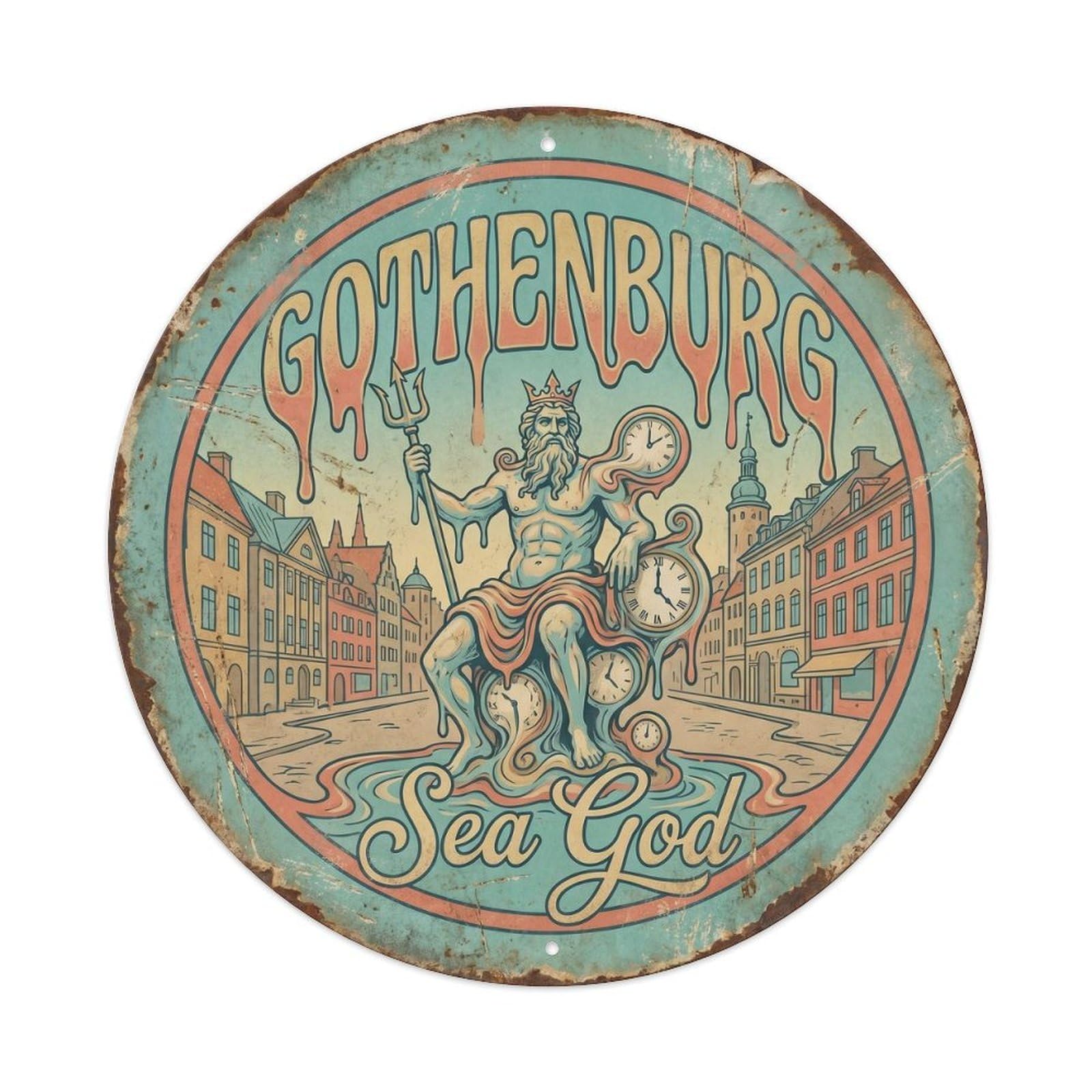 Vintage Travel Poseidon Gothenburg Metal Tin Sign Plaque Wall Decor for Cafe, Club, Garden Round Metal Poster 8x8Inch