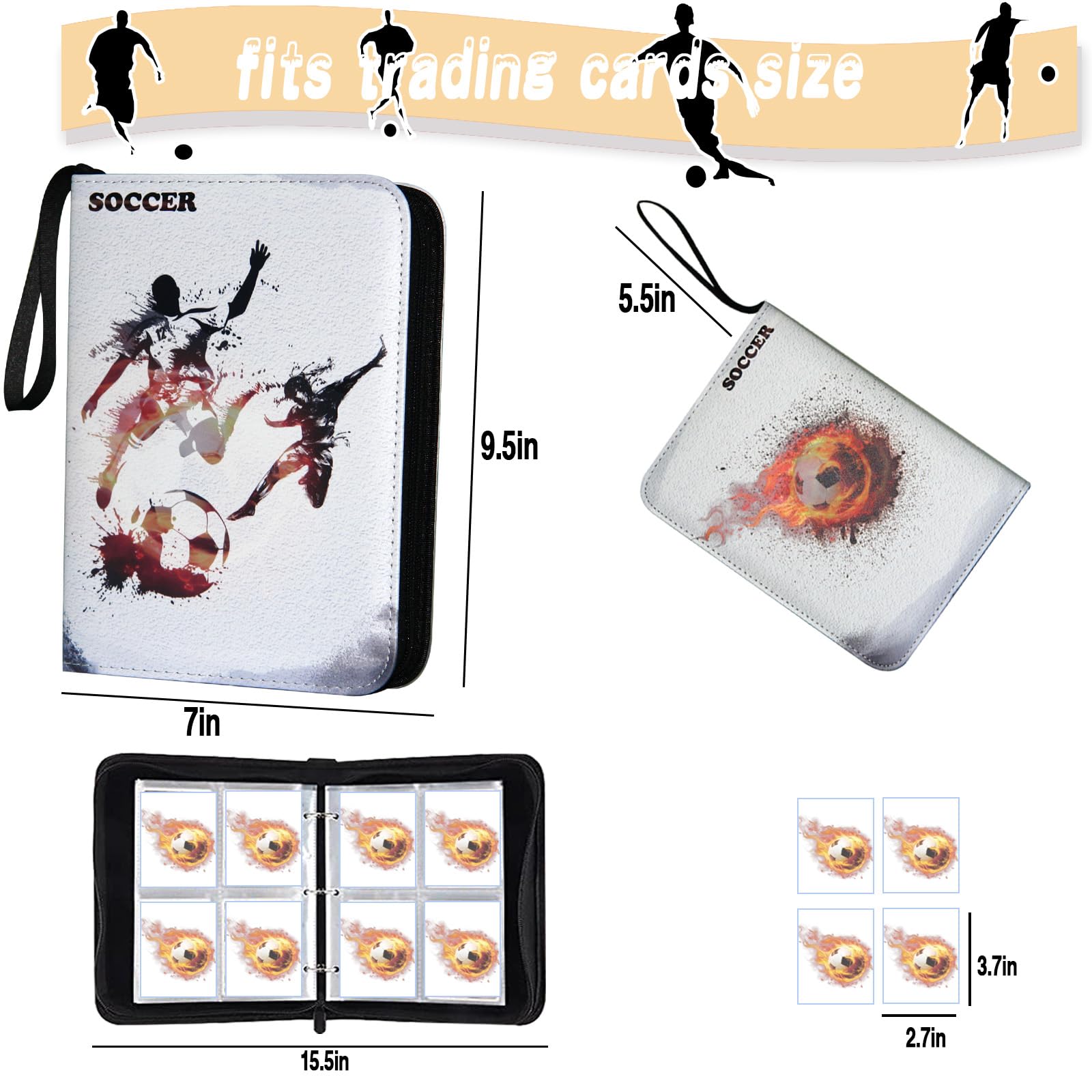Carpeta de tarjetas de fútbol, carpeta de tarjetas de la Copa del Mundo de 4 bolsillos con 50 fundas extraíbles para 400 tarjetas deportivas, carpeta de 3 anillos con cremallera, álbum de