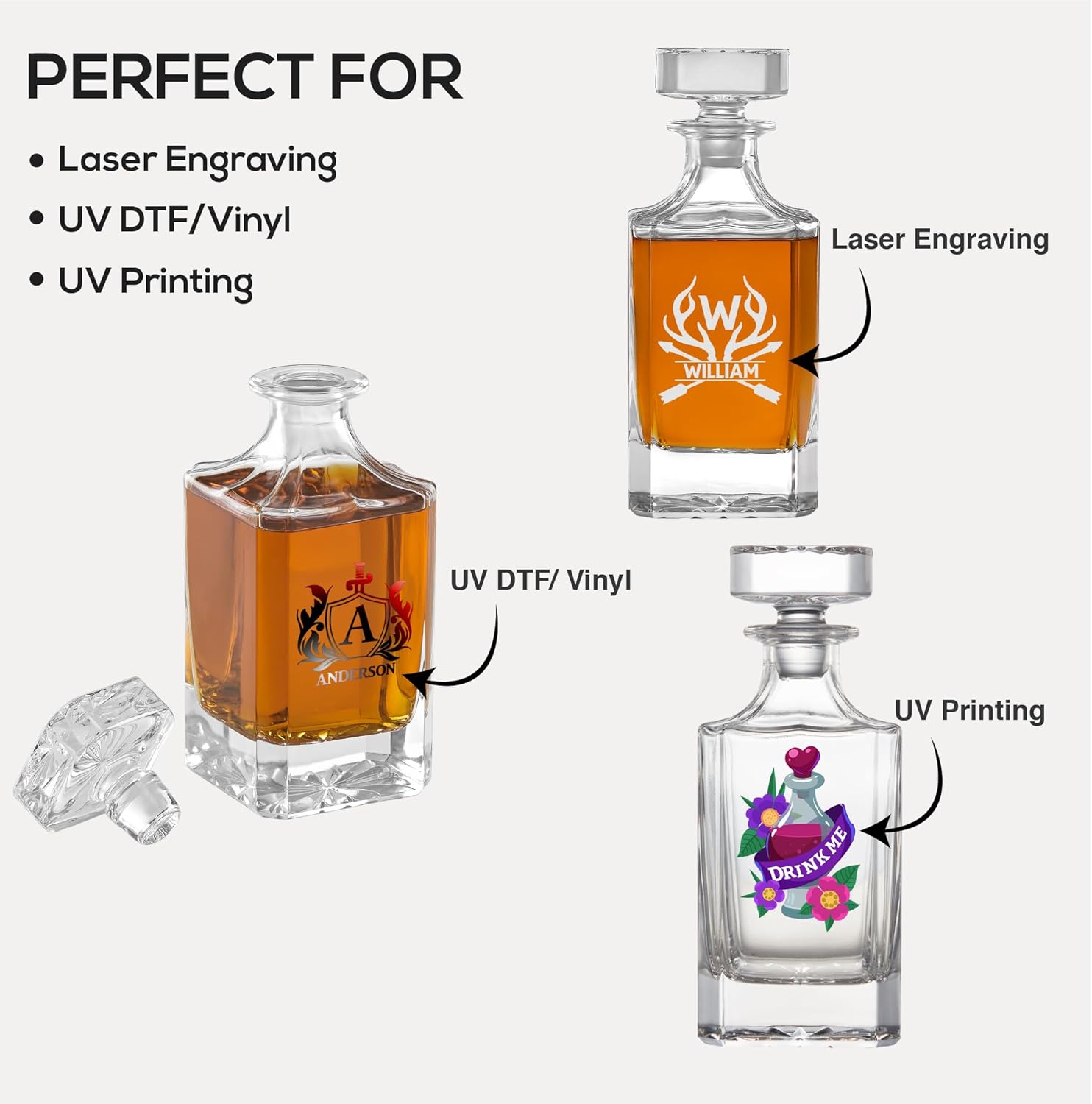 Makerflo Customizable 25 oz Whiskey Decanter with Airtight Stopper Pack of 6 | Liquor Decanter Bottle for Wine, Scotch, Bar, Ideal for Personalization - (Laser Engraving, UV DTF, Vinyl, Epoxy)