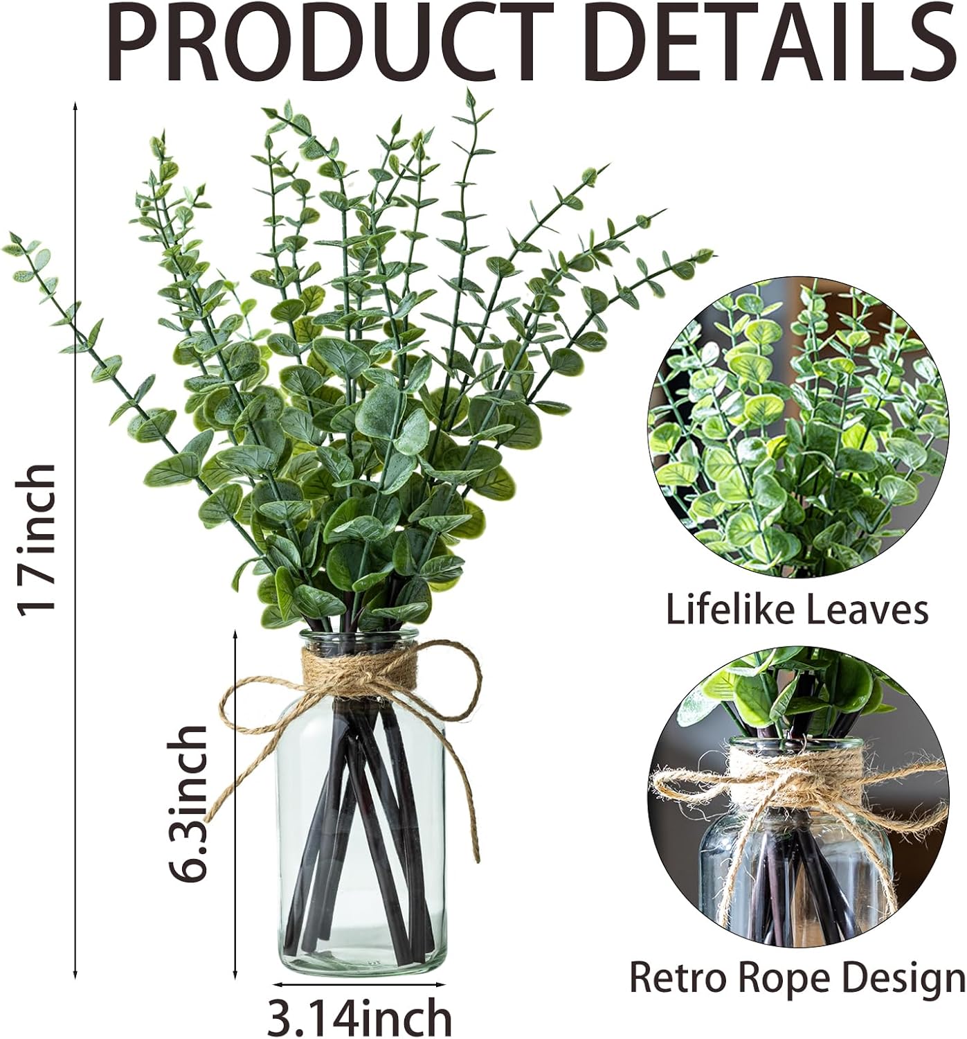 17" Artificial Eucalyptus Stems in Glass Vase, Fake Plants Artificial Eucalyptus Plant for Home Decor, Farmhouse Centerpiece for Dining Table, Wedding, Kitchen, Bathroom Decor (4)