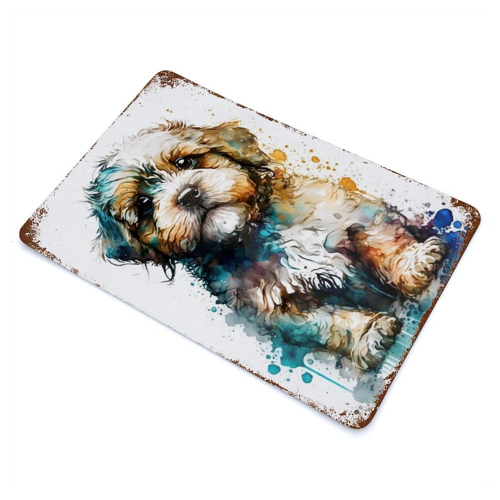 Garage Style Dog Watercolor Weathered Tin Sign 11.8"x7.9", Classic Wall Plaque for Bar And Workshop