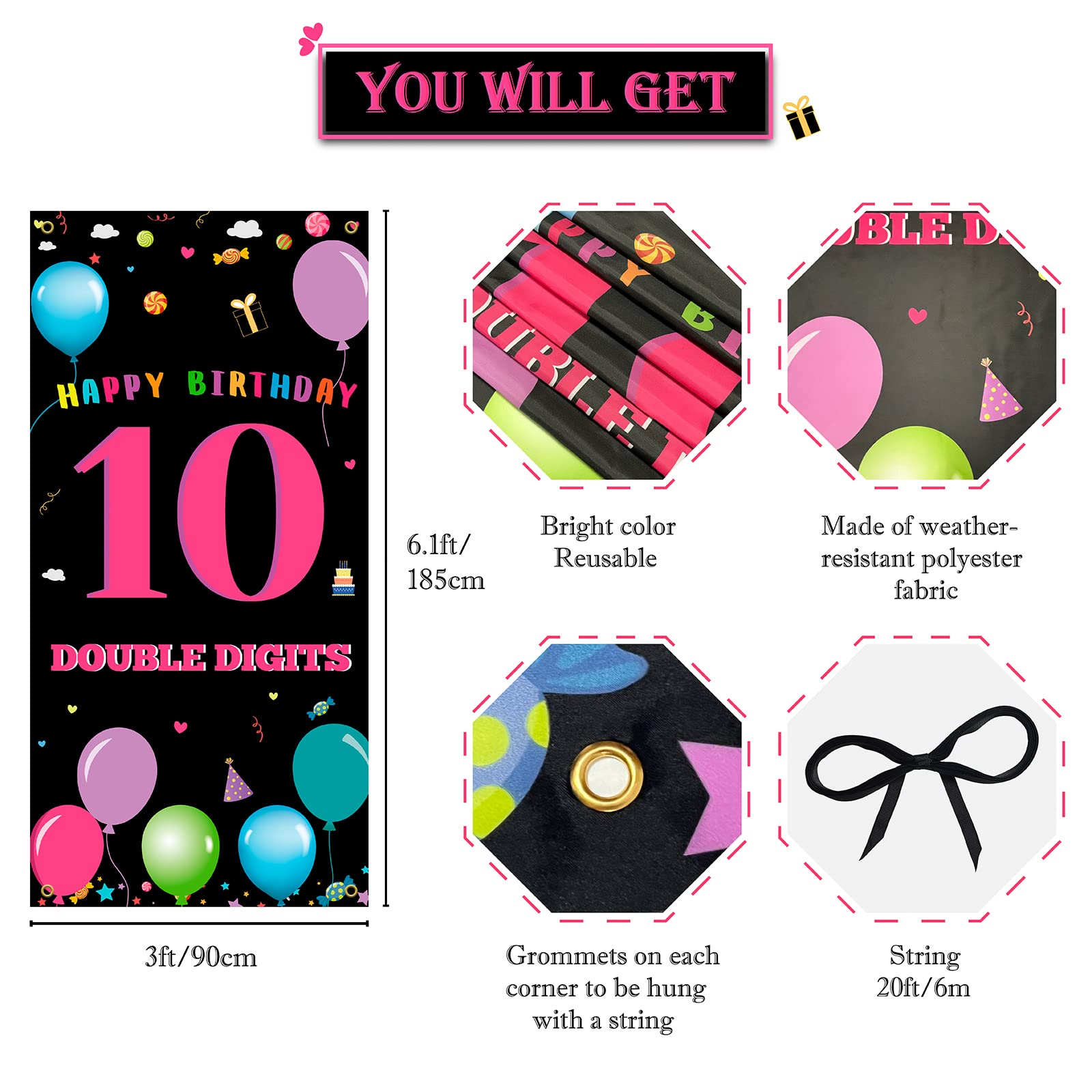 10th Birthday Door Backdrop Decorations - Double Digits Yard Sign, 6.1x3 Ft Fabric Banner For 10 Year Old Party