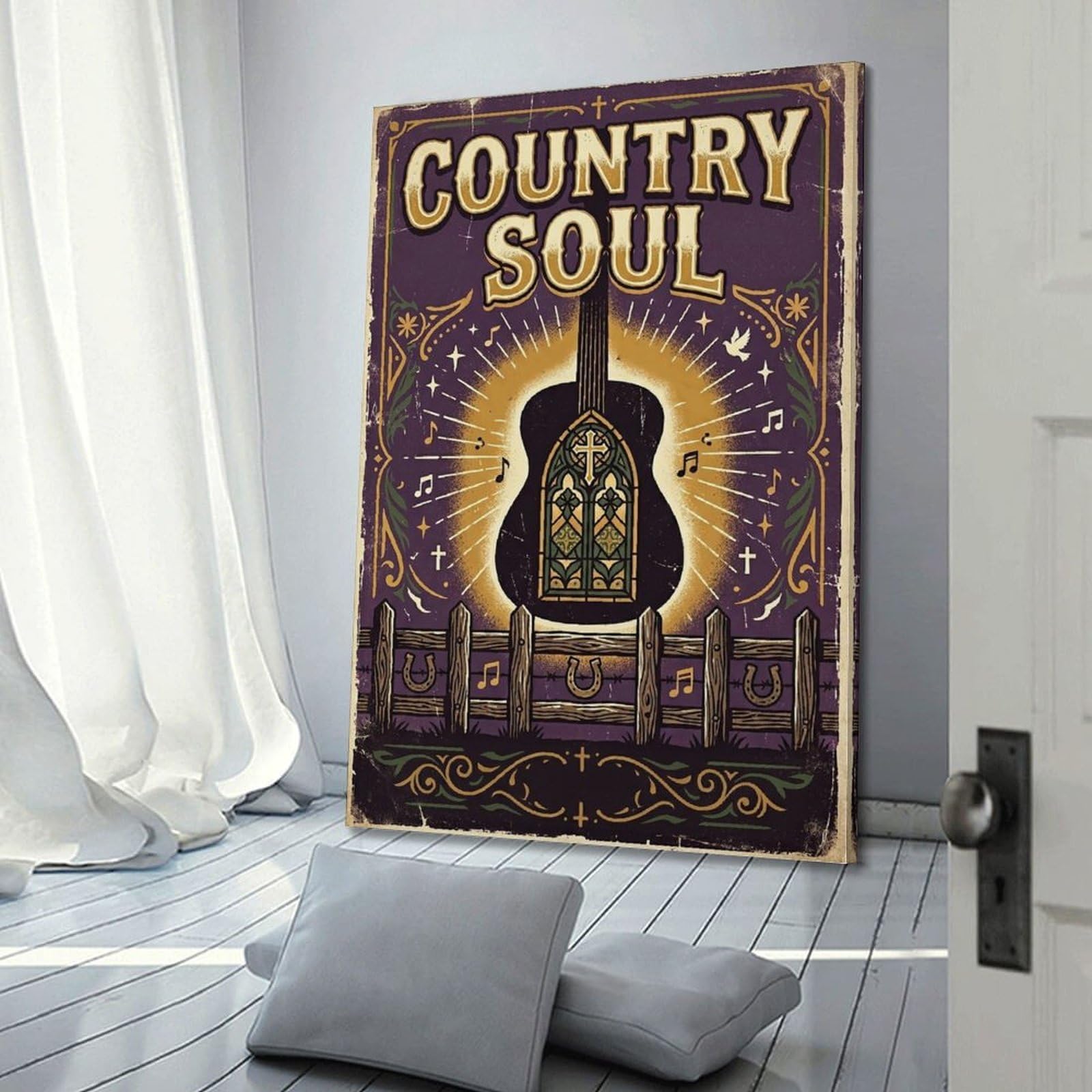 OKNGB Poster decorativo da parete con chitarra acustica, musica country e soul, stampa artistica su tela, poster decorativo moderno per camera da letto, 50 x 75 cm