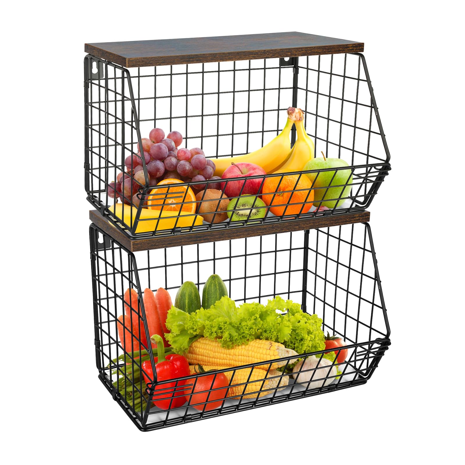Cesta de frutas de pared con tapa de madera, cesta de almacenamiento para frutas y verduras de 30 x 20 x 21 cm (2 piezas), color negro