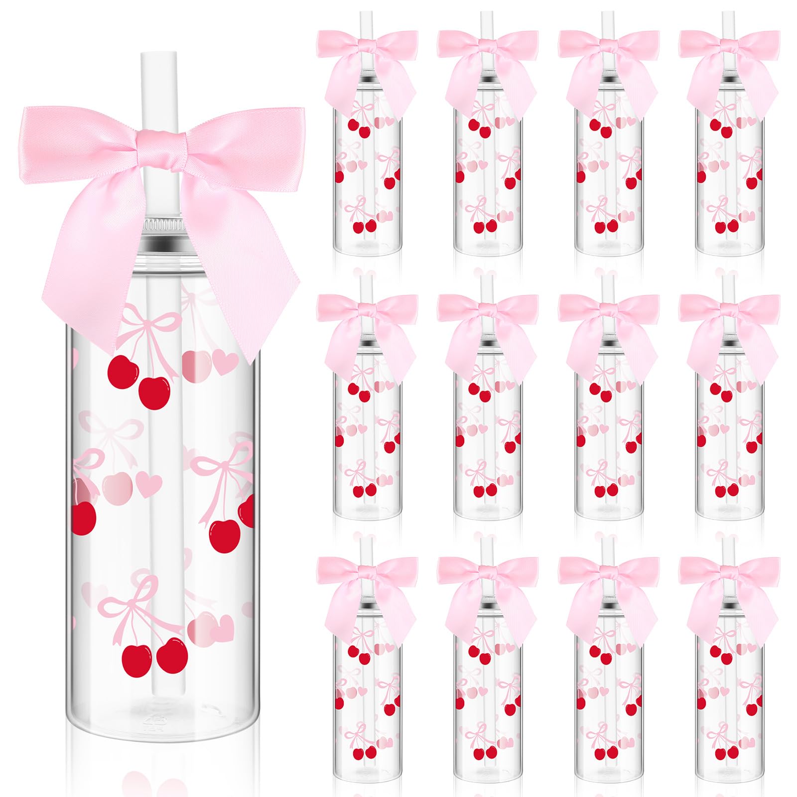 Skylety 24 Pcs Pink Bow Plastic Bottle with Straw Lid and Twist Bow Disposable Coquette Cherry Bow Bottles Cute Inspired Retro Reusable Bottles for Birthday Party Friend Women Drinkware
