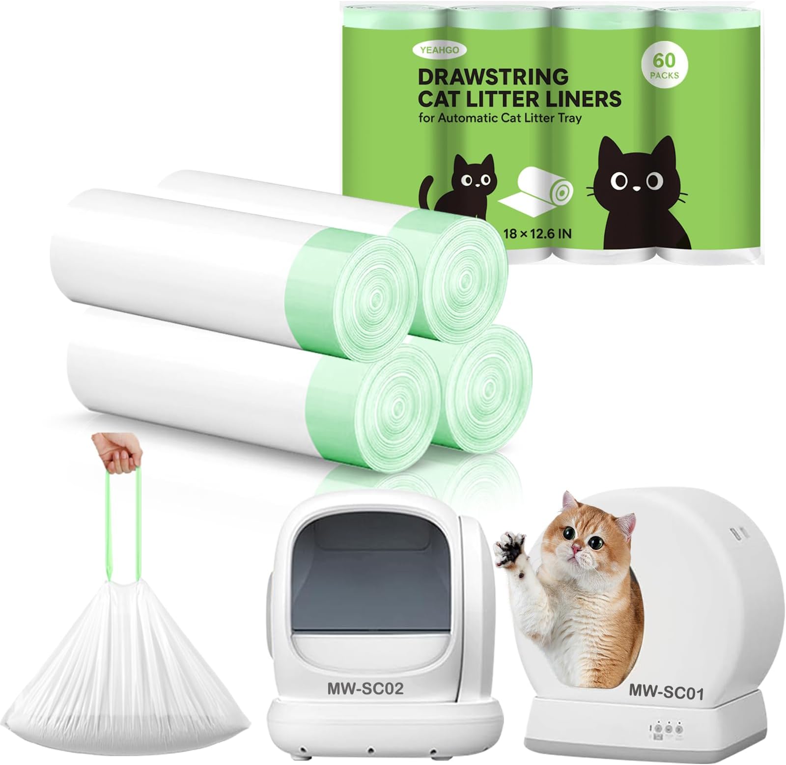 Automatic Cat Litter Box Liners Bags, Self-Cleaning Kitty Litter Liners Bags Compatible with MeoWant-SC01 & MeoWant-SC02, Heavy-Duty Thick Drawstring Replacement Liner Bag 18" x 12.6" (60 PCS)