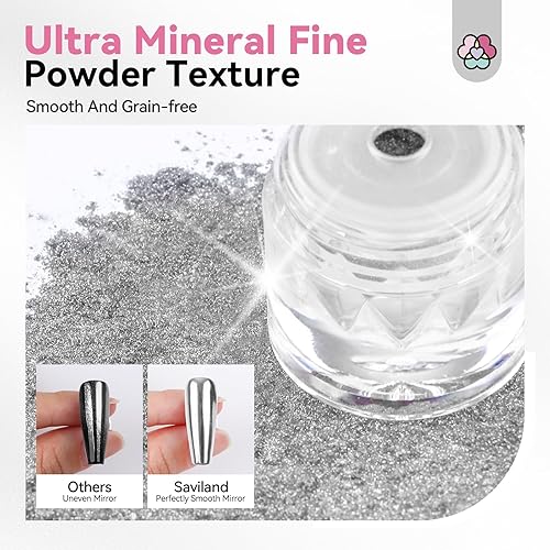 Miniatura 8 de Saviland Juego de polvos de uñas cromados, 2 esmaltes de gel cromados para uñas, efecto espejo metálico, polvo holográfico cromado plateado para