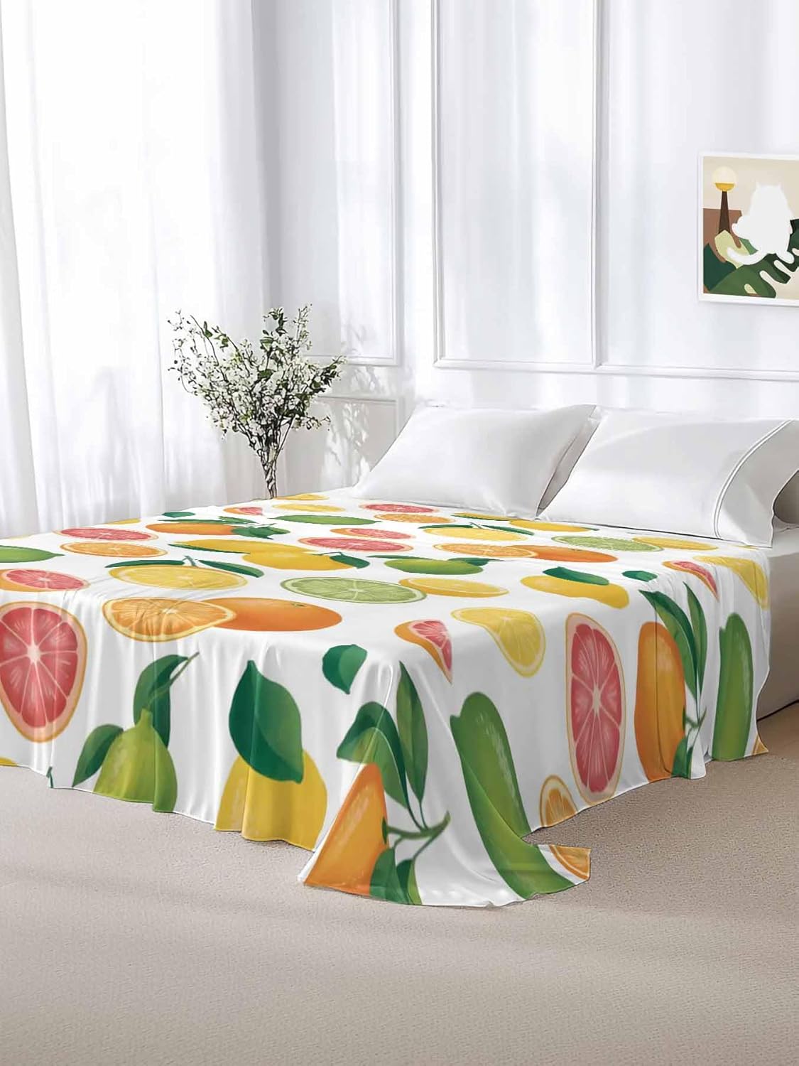 Top Sheet Full Bedding Flat Sheet Only, Farmhouse Lemon Orange Grapefruit Microfiber Bed Sheets Soft Breathable Bedding Flat Sheets, Summer Fruit Hotel Luxury Top Sheets