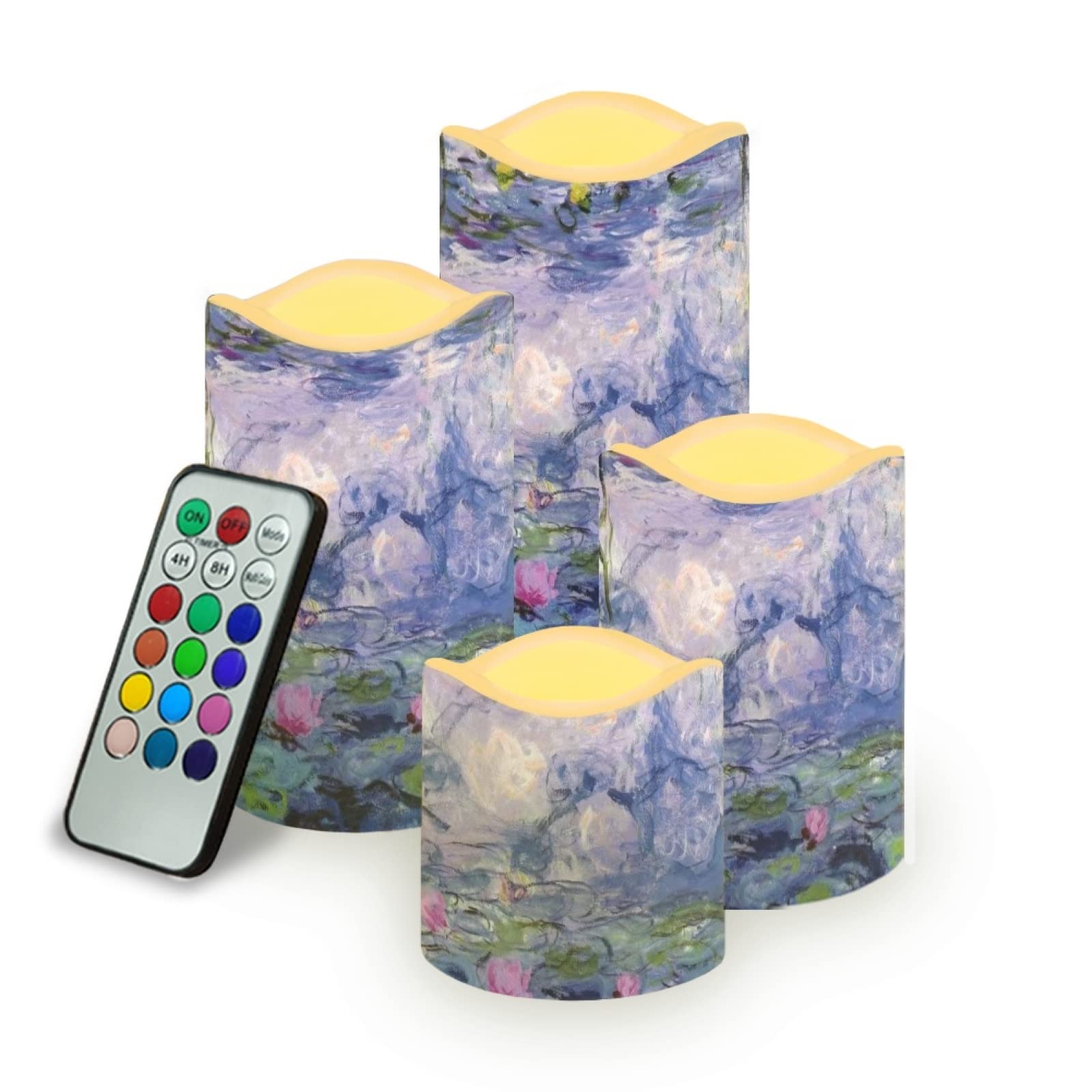 Kuiaobaty Monet Art Remote Control LED Candles Decor Realistic Battery Operated, Water Lily Painting Fake Candle with Warm White Bulb