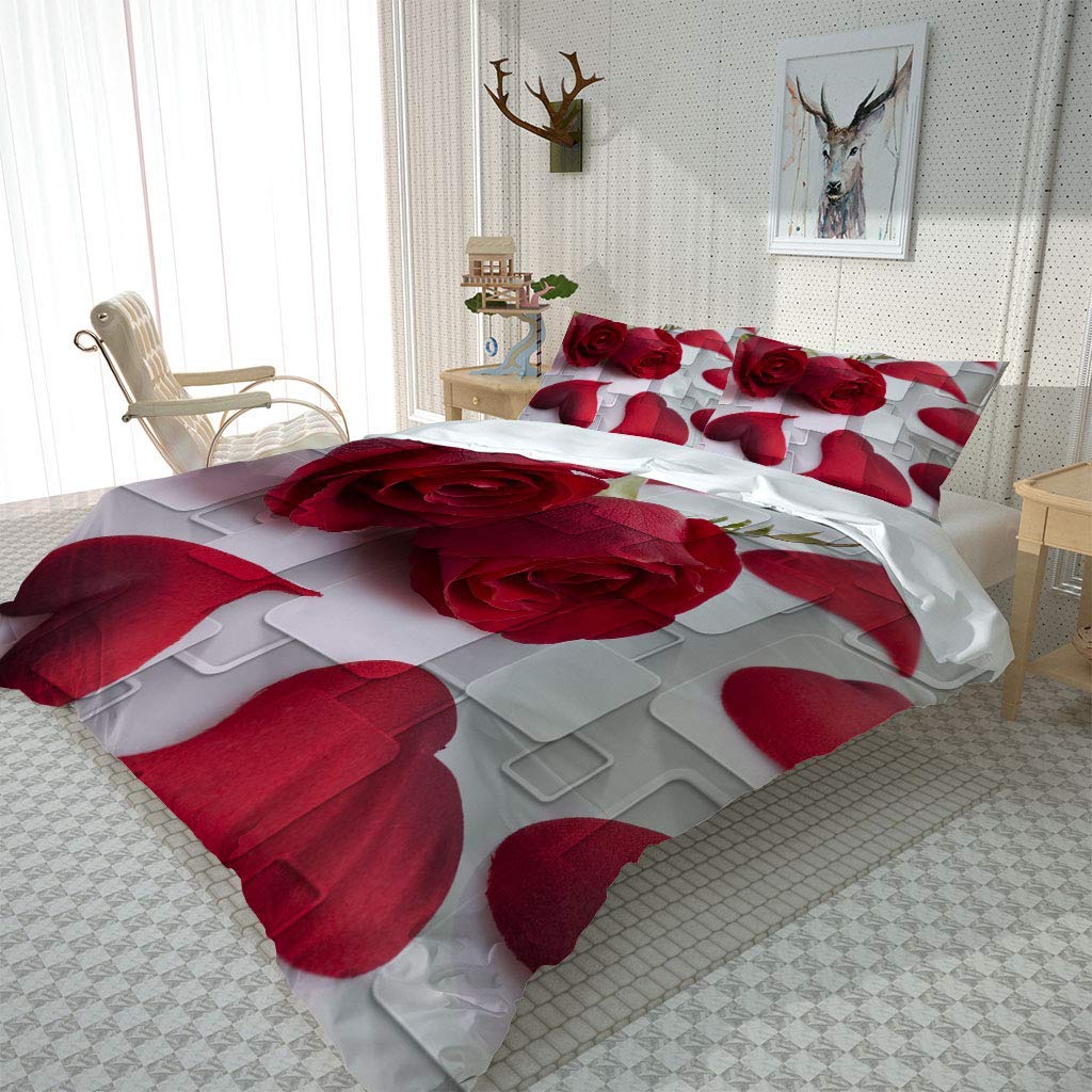 3 Pezzi Set Di Biancheria Da Letto Copripiumino Matrimoniali Completo 260X240Cm Stampa Di Rosa Rossa A Forma Di Cuore 3D Copripiumini Matrimoniali In Microfibre Con 2 Federe 50X80Cm