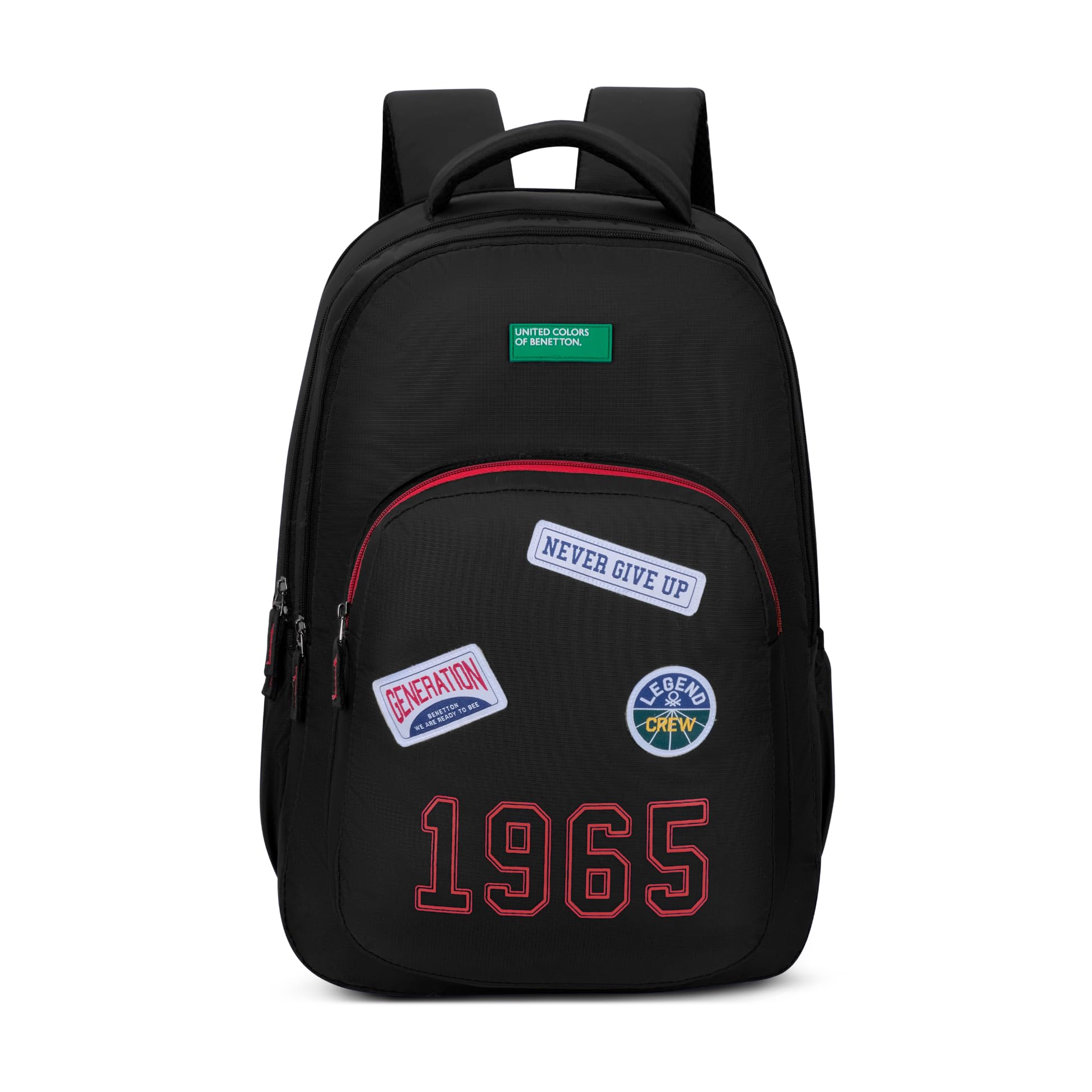 United Colors of Benetton Unisex High-School Backpack LEGEND - Black | 3-Compartment | Large Capacity Bag with Airmesh Padding | Backpack for School Girls and Boys | 28L Capacity