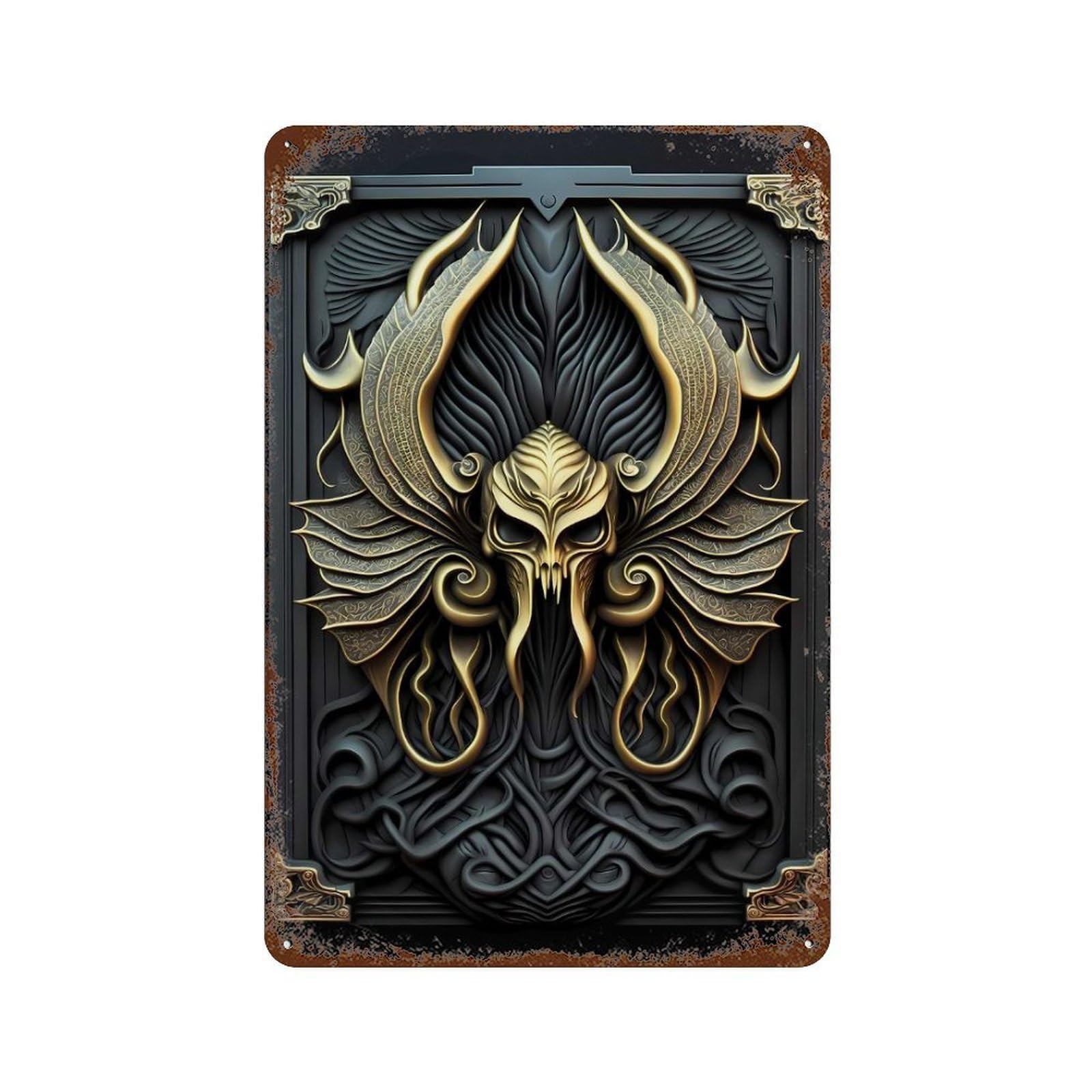 Golden Skull Kraken Distressed Metal Wall Sign 11.8"x7.9", Ideal for Patio, Garden Room And Bar Decor