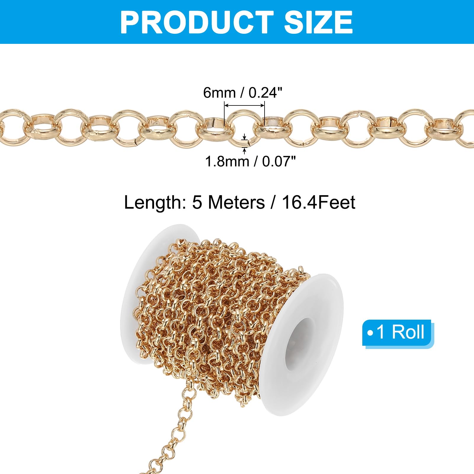 PATIKIL 16.4 Pies Cadena de Eslabones Circulares, Rollo de Cadena de 6 mm Cadena de Eslabones de Acera Carrete de Cadena de Metal para Diy Accesorios Collar Pulsera Pendiente, Oro
