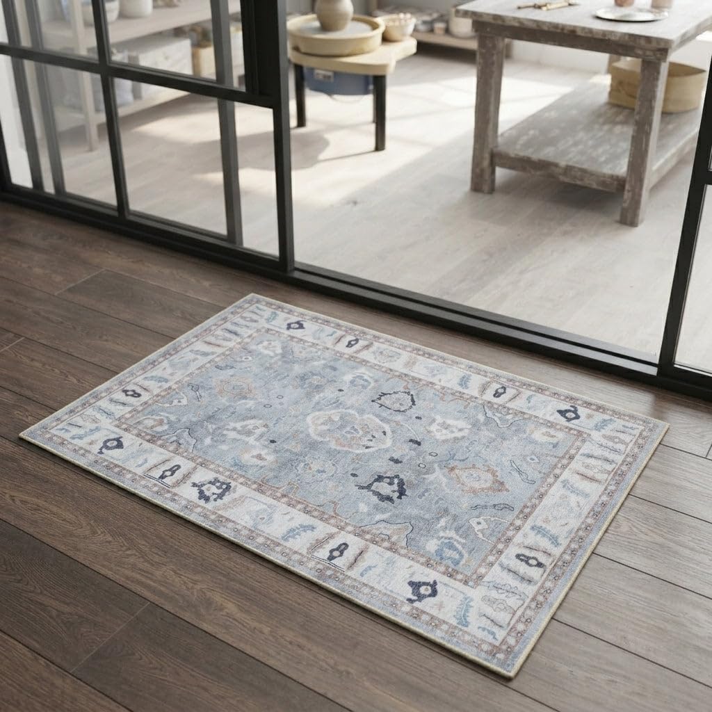 Alfombra moderna Oushak, vintage, gris turco, oriental, inspirada en la antigüedad, alfombra de área pequeña, lavable, de lujo, para sala de estar, dormitorio, baño, cocina, entrada, 2 pies 5 x 5 pies