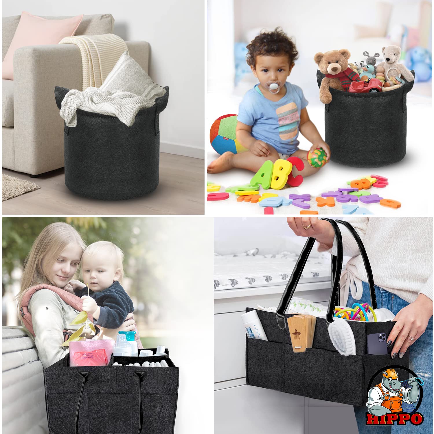 HIPPO 2IN1 Solid Non-Woven Fabric Diaper Caddy & Toy Bin Smart Combo for Newborn Babies Unbreakable Toy Bins Foldable Diaper Bag Large Capacity (Black, 1) 4