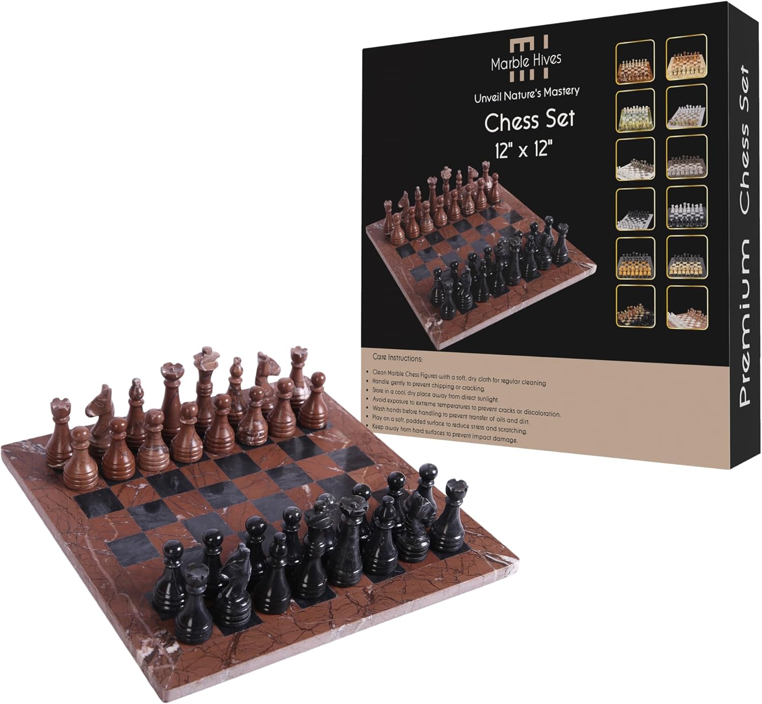 Handmade Marble Chess Set - Marina & Black (12 x 12 Inches) - Chess Sets for Adults - Premium Quality Chess Boards - Fancy Chess Boards