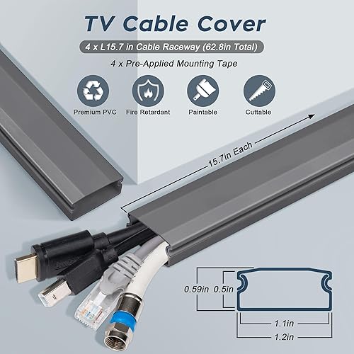 Vista 24 de Ocultador de cables de TV – 62.8 pulgadas de PVC para organizar cables, corrector de cable pintable para TV montado en la pared, cable blanco