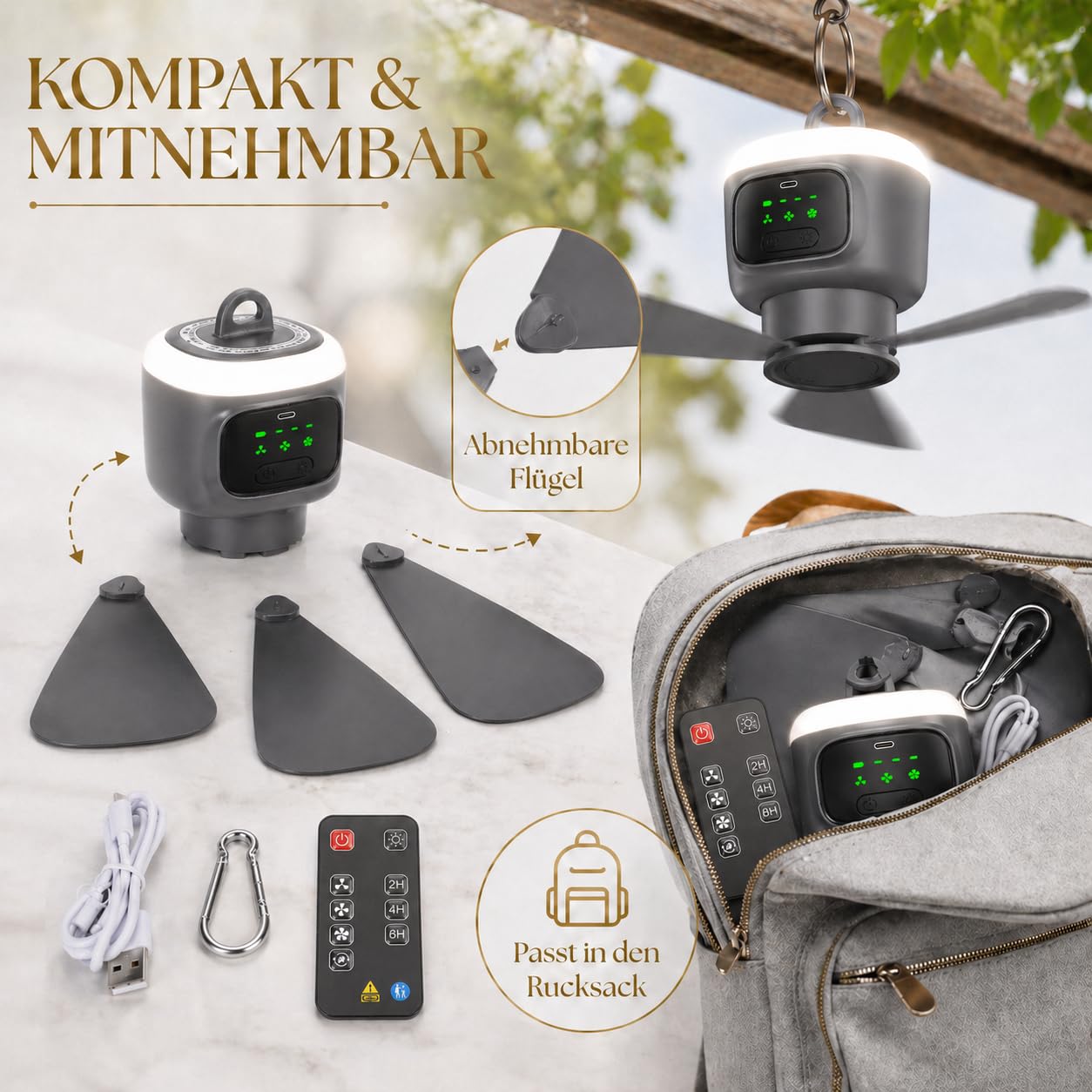 Ventilador de techo con iluminación de 45 cm, batería de 12000 mAh, portátil, ventilador de camping con luz y mando a distancia, temporizador, 3 niveles, recargable por USB, ventilador de exterior