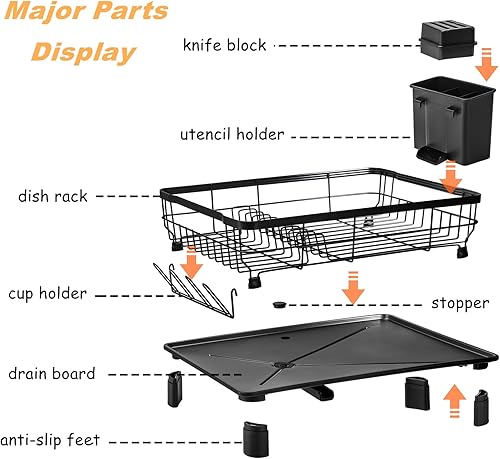 Miniatura 2 de Lyellfe Escurridor de platos, escurridor de platos a prueba de óxido con soporte para tazas de utensilios, escurridor de platos de hierro negro y