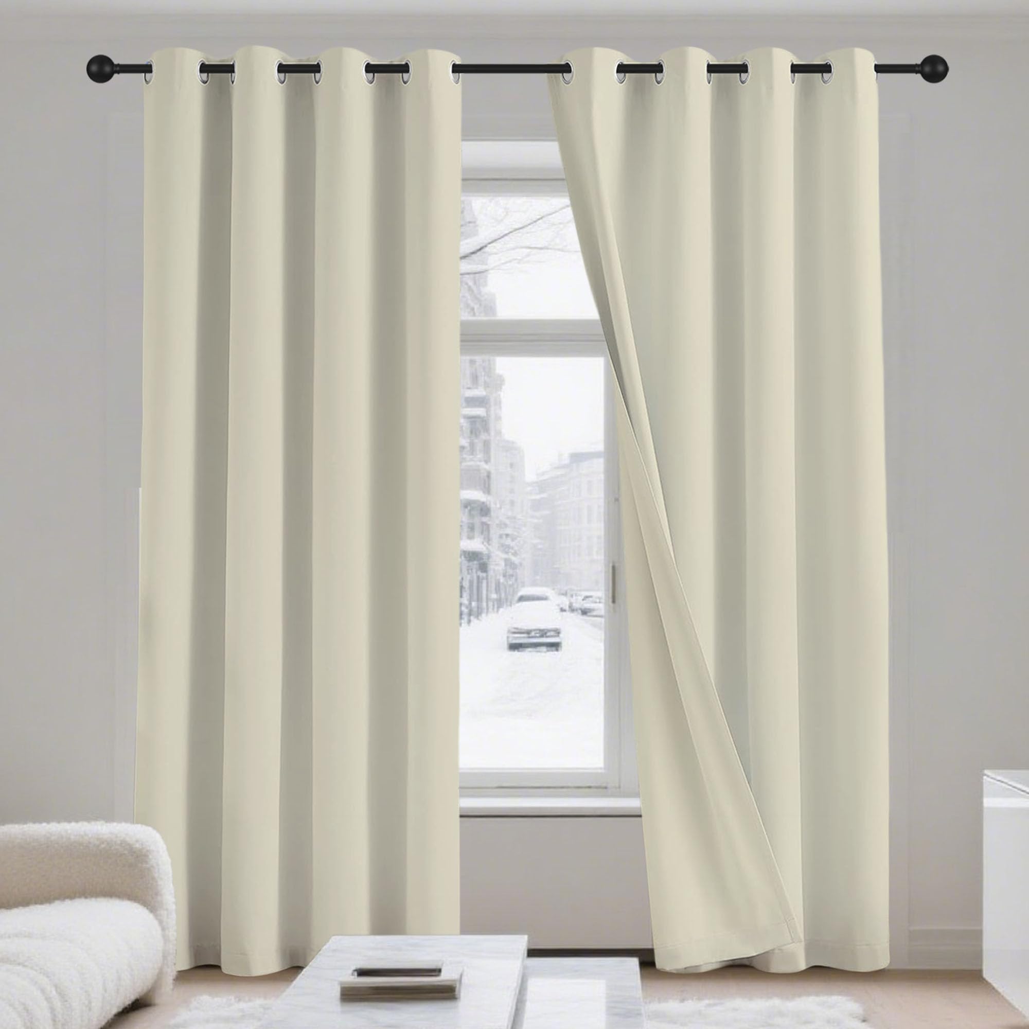 Rideau Occultant 200 x 390 cm 100% Lumiere Bloquer Anti Chaleur, Anti-UV Rideaux Occultant pour Salon Design Moderne à Oeillets pour Salon Chambre, Beige