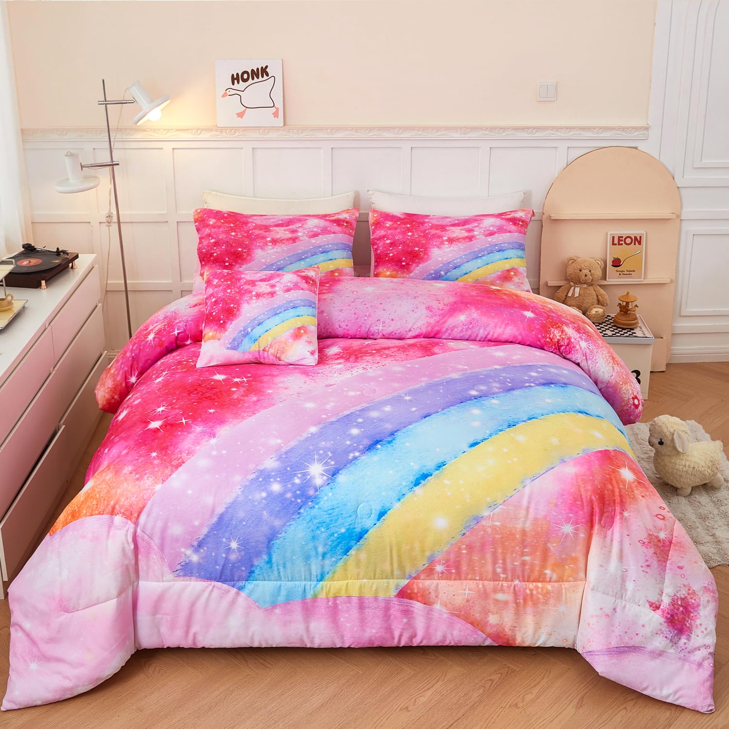 ANGIYUIN 6 Pieces Pink Tie Dye Full Size Bedding Sets for Girls/Teens/Kids, Colorful Rainbow Girls Comforter Set, Sparkle Galaxy Glitter Bedding
