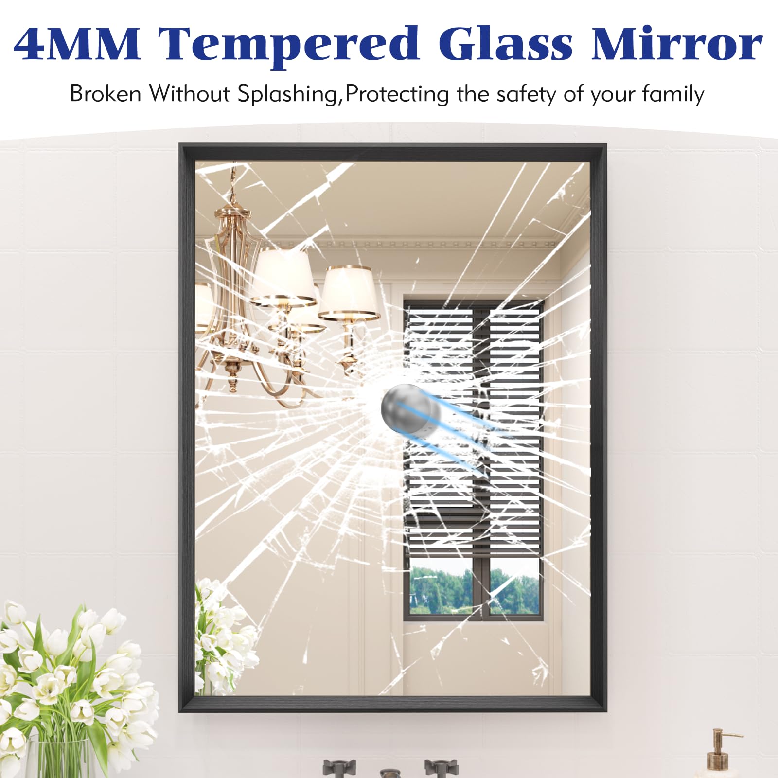 YIROMAN Badezimmerspiegel 122x91 Cm – Mattschwarz, Metallrahmen, Gehärtetes Glas
