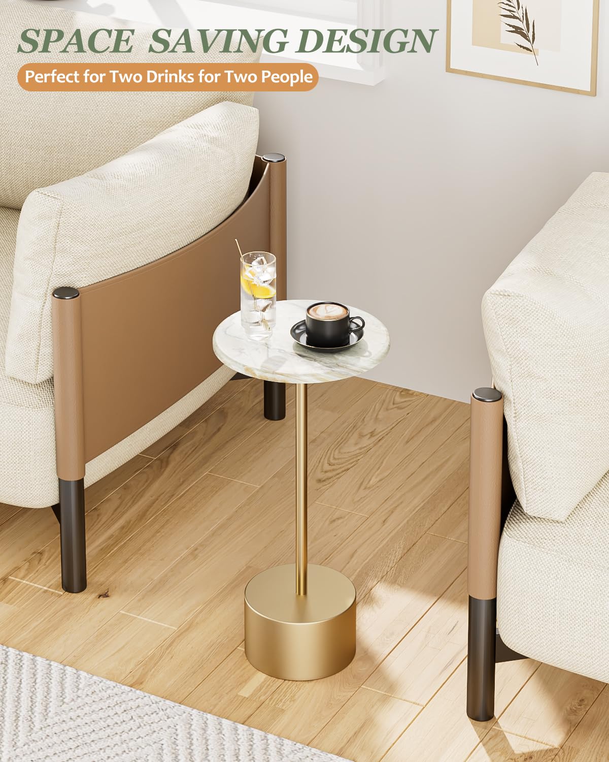 Table D’appoint Ronde Design Marbre - Blanc/noir/doré - 27x27x61 Cm - Pour Salon, Chambre, Petit Espace - Multifonction