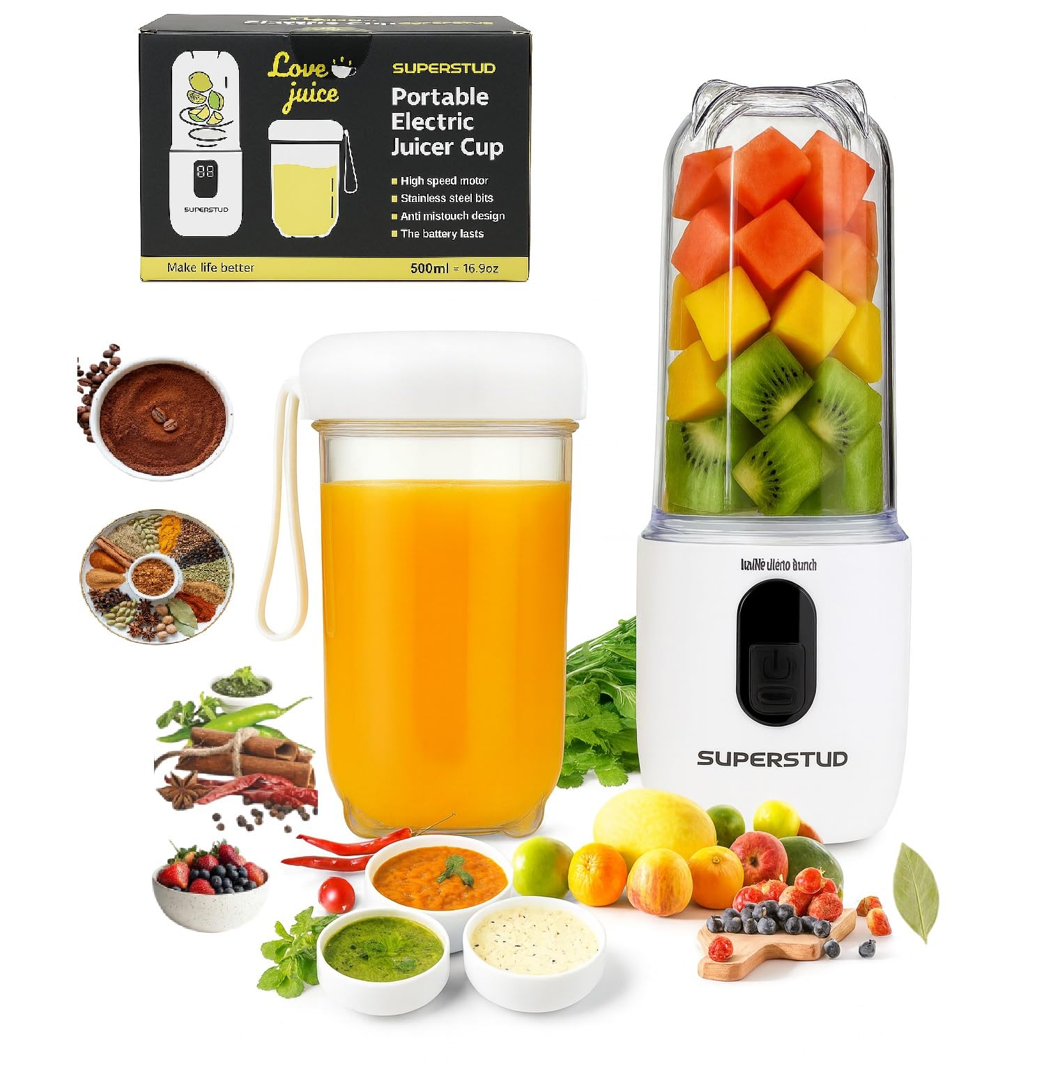 Blender Mixer Grinder | Mini Blender for Smoothies & Juices | 2-Jar Capacity (500ml*2) | 230W | 6 Blade || Type-C Charging & Battery Indicator | Auto-Stop After 40s (White)-image-36