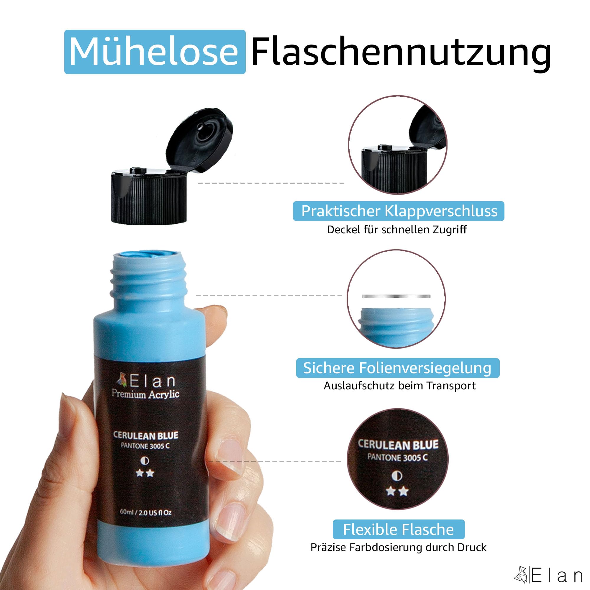 Elan Acrylfarben Set, 24x 60ml Tuben | 24 lebendige Acrylmalfarben, farbcodiert und hochpigmentiert, ideal für Leinwand