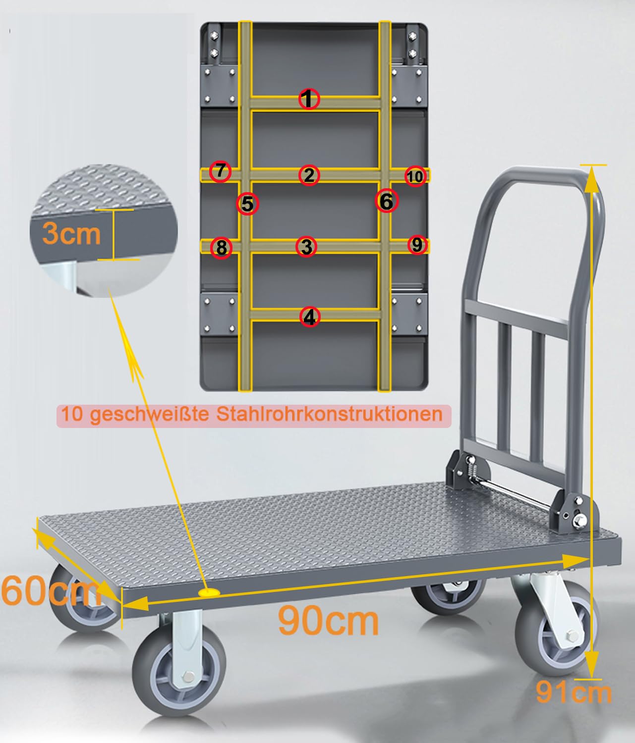Carrelli a Piattaforma Mano da Magazzino Officina Portata 500 kg Grandi Ruote Pieghevole Carrello da Trasporto di Carichi Pesanti Camion ruote girevoli a 360° (90 x 60 cm)
