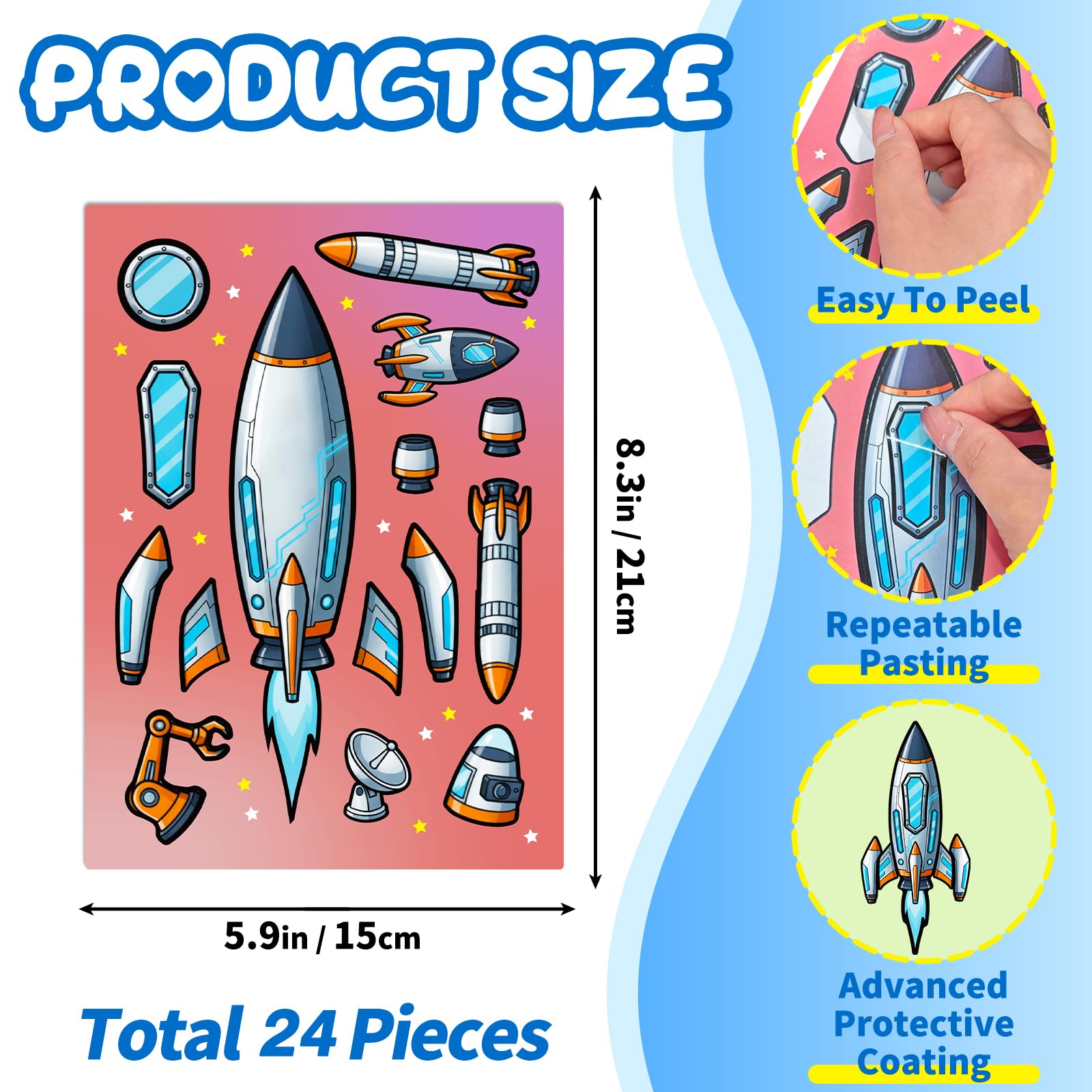 24 Sheets Make Your Own Stickers, Space Make-a-face Sticker Aliens, Astronauts, Spaceship DIY Craft Stickers for Party Decoration Reward — view 6